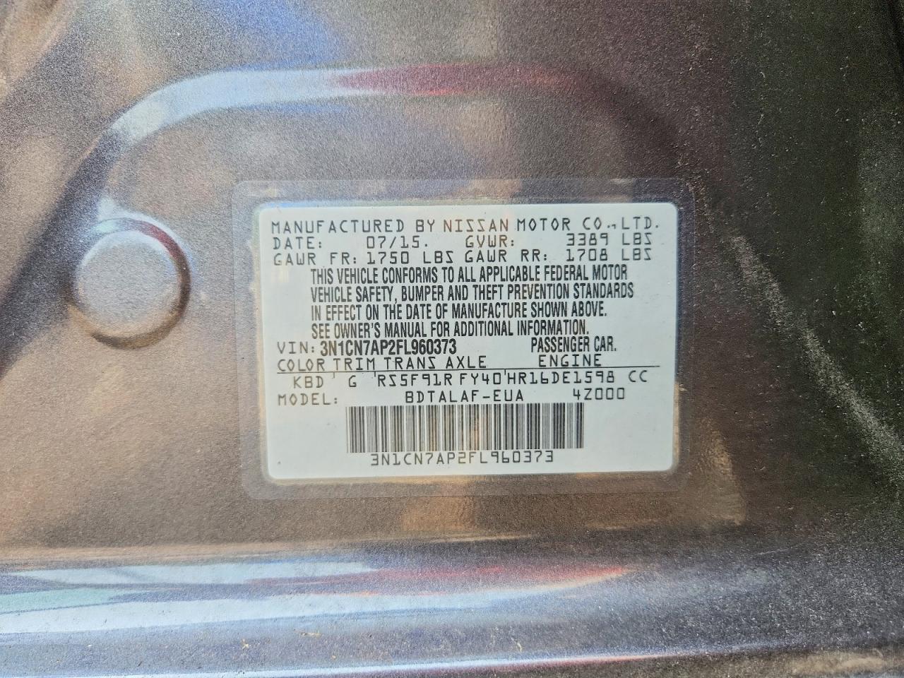 2015 Nissan Versa 1.6 S Gray vin: 3N1CN7AP2FL960373