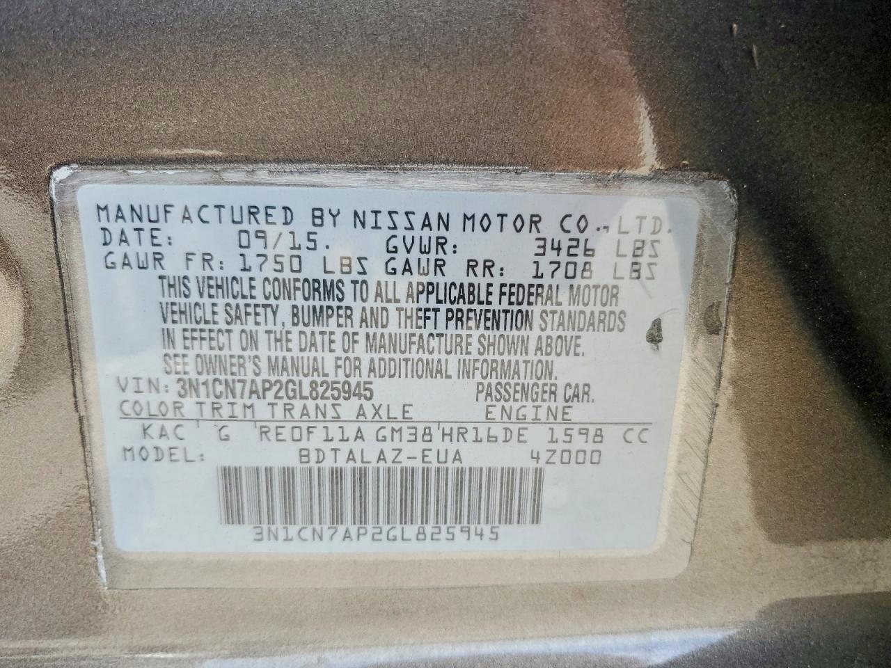 2016 Nissan Versa 1.6 S Plus Серый vin: 3N1CN7AP2GL825945
