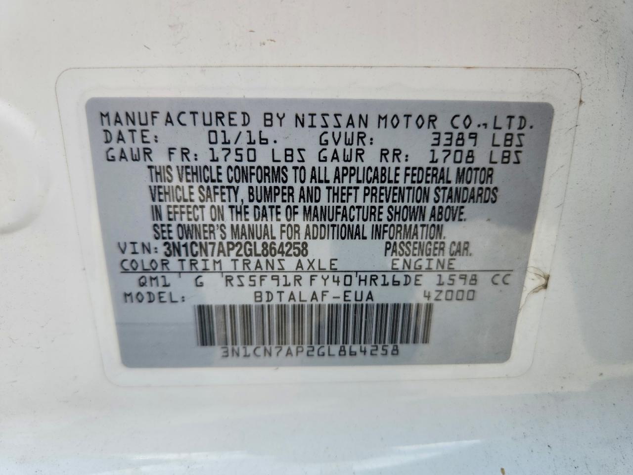 2016 Nissan Versa 1.6 S White vin: 3N1CN7AP2GL864258