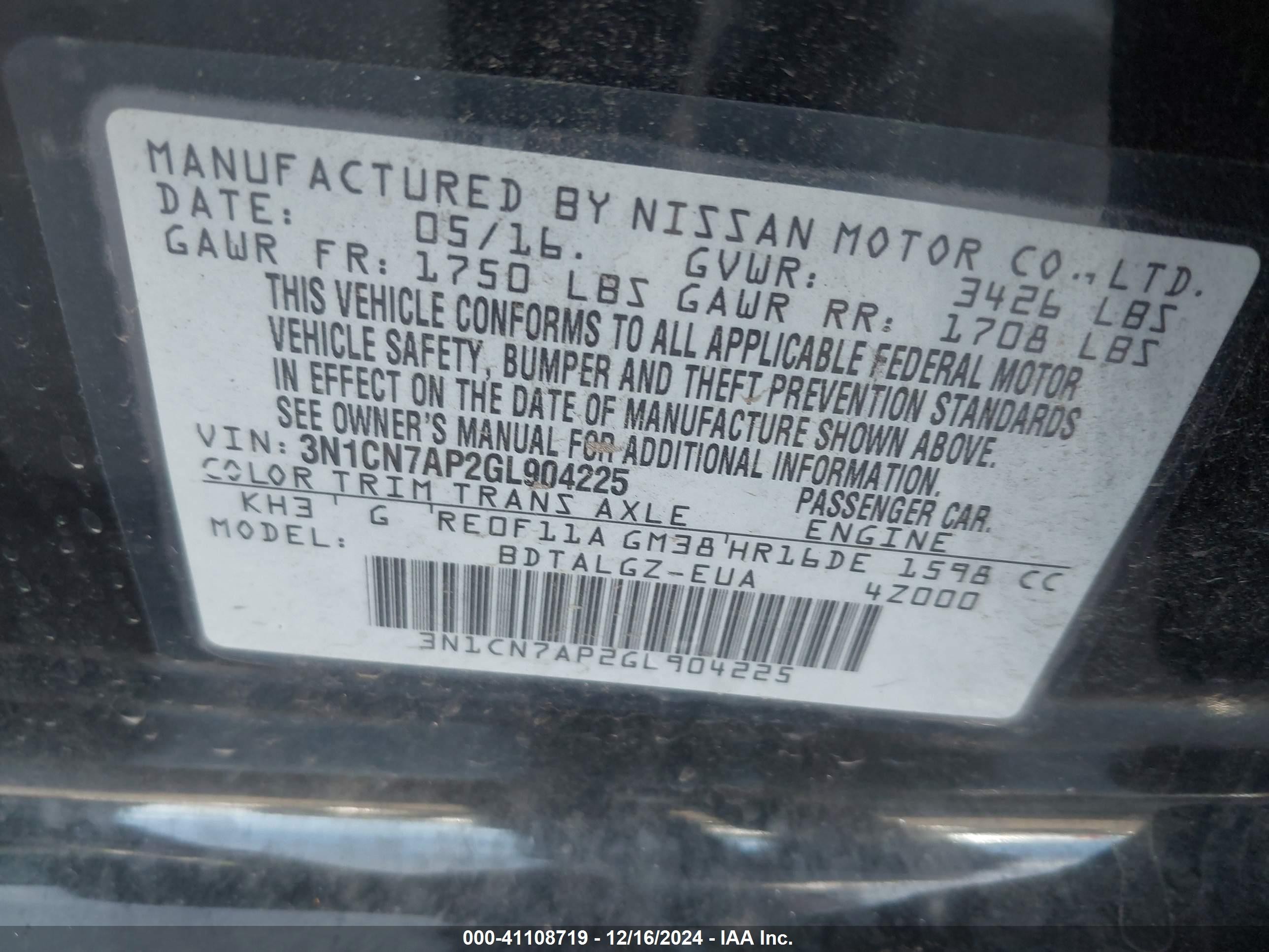 2016 Nissan Versa 1.6 Sl Black vin: 3N1CN7AP2GL904225