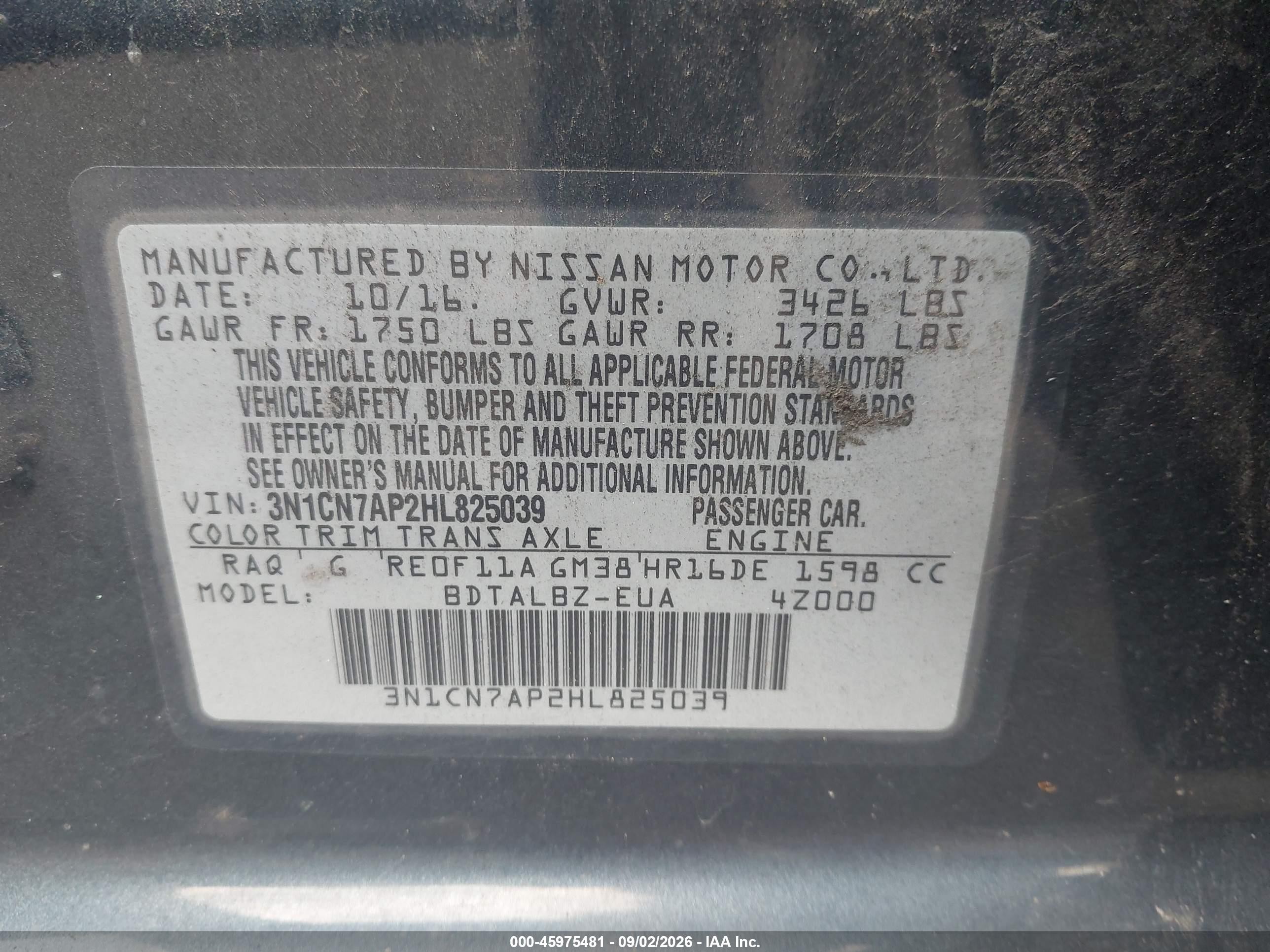 2017 Nissan Versa 1.6 Sv Blue vin: 3N1CN7AP2HL825039