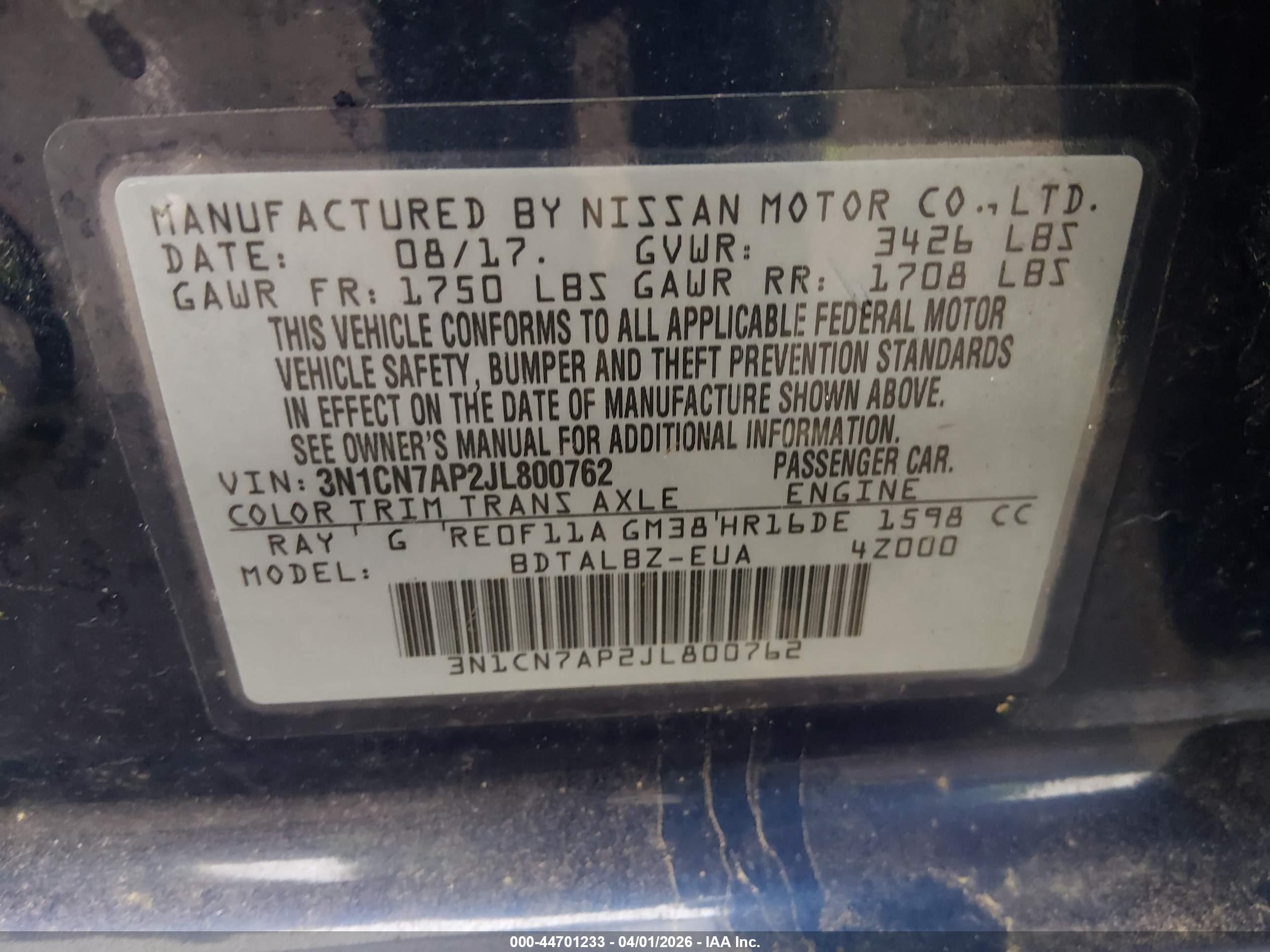 2018 Nissan Versa 1.6 Sv Blue vin: 3N1CN7AP2JL800762