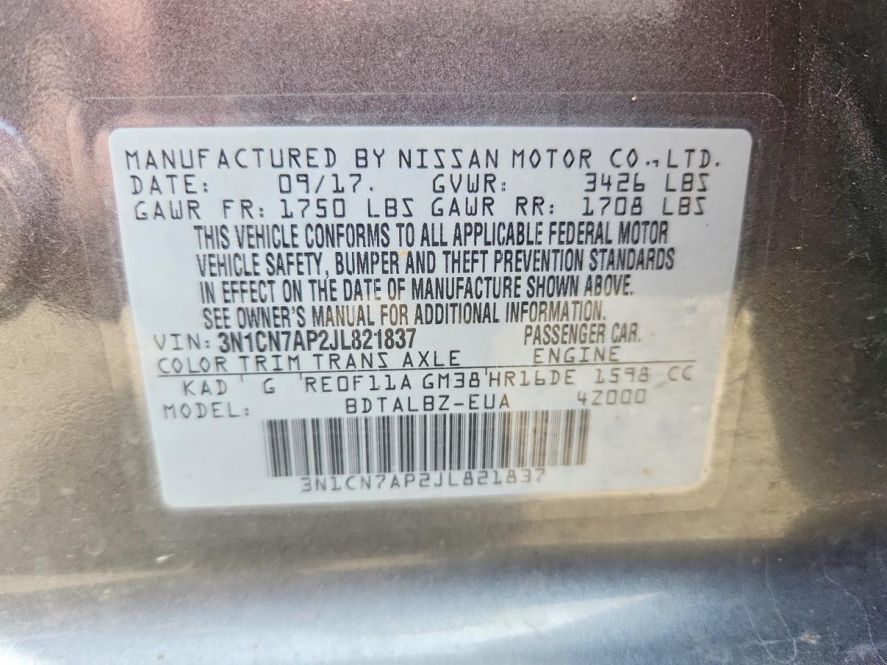 2018 Nissan Versa Sv Угольный vin: 3N1CN7AP2JL821837