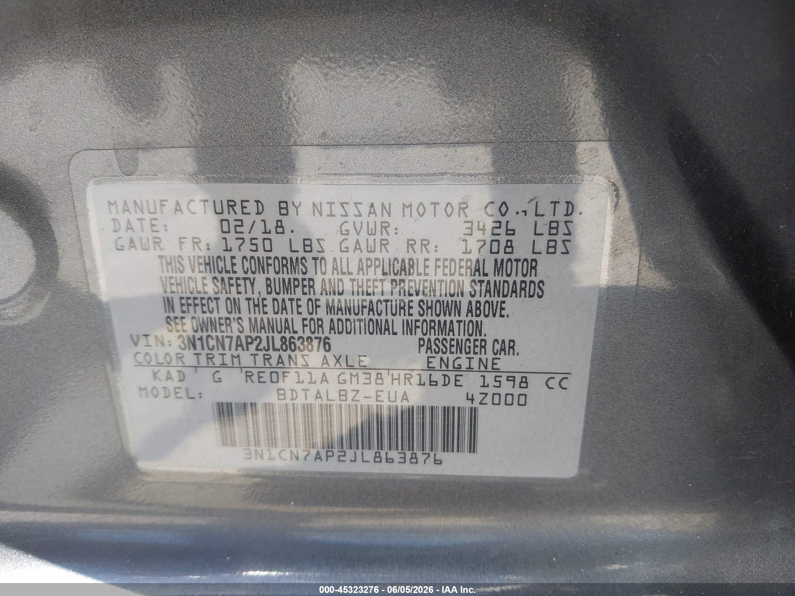 2018 Nissan Versa 1.6 Sv Gray vin: 3N1CN7AP2JL863876