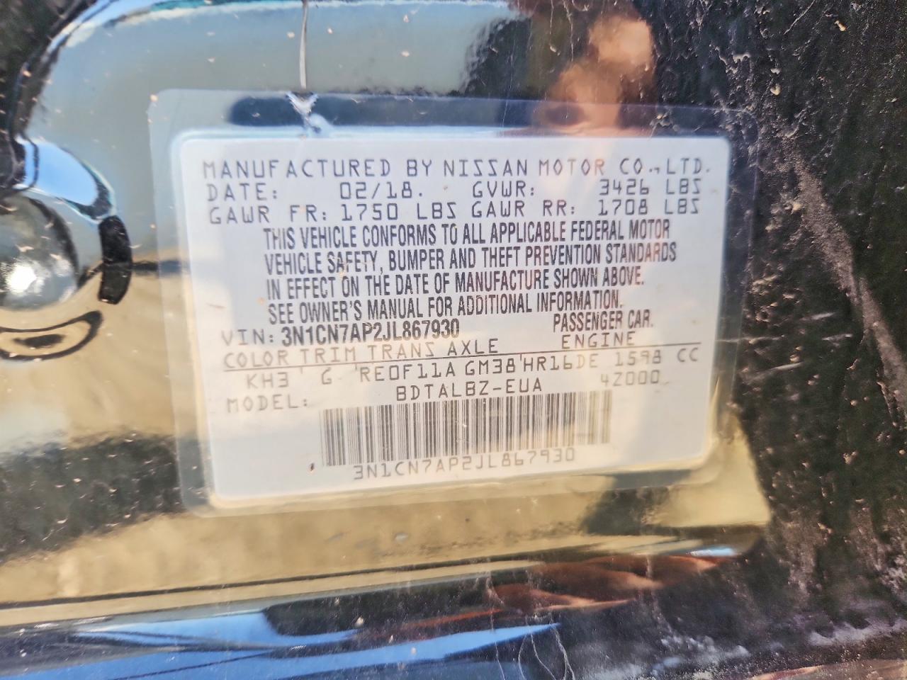 2018 Nissan Versa Sv Black vin: 3N1CN7AP2JL867930
