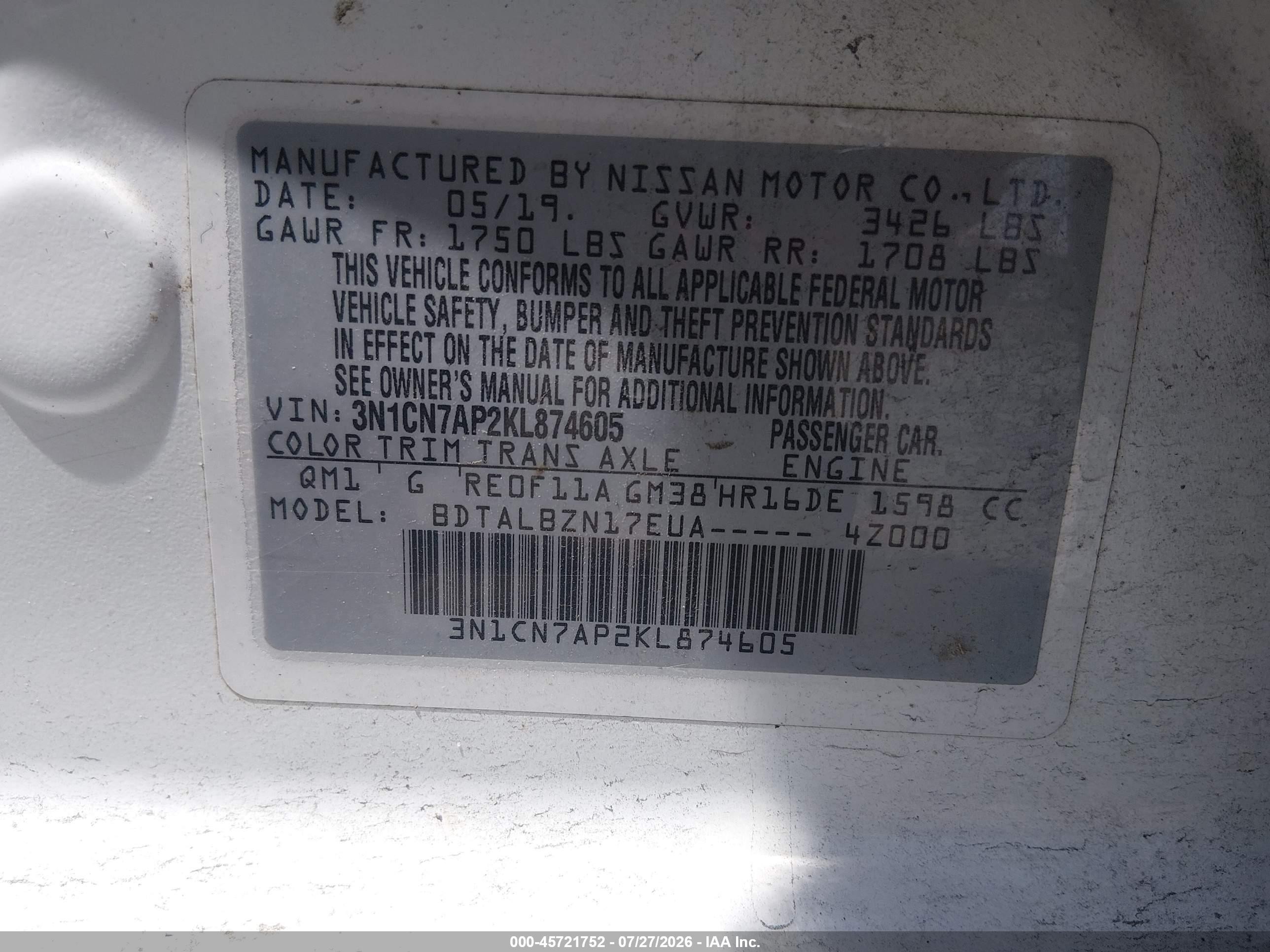 2019 Nissan Versa 1.6 Sv White vin: 3N1CN7AP2KL874605