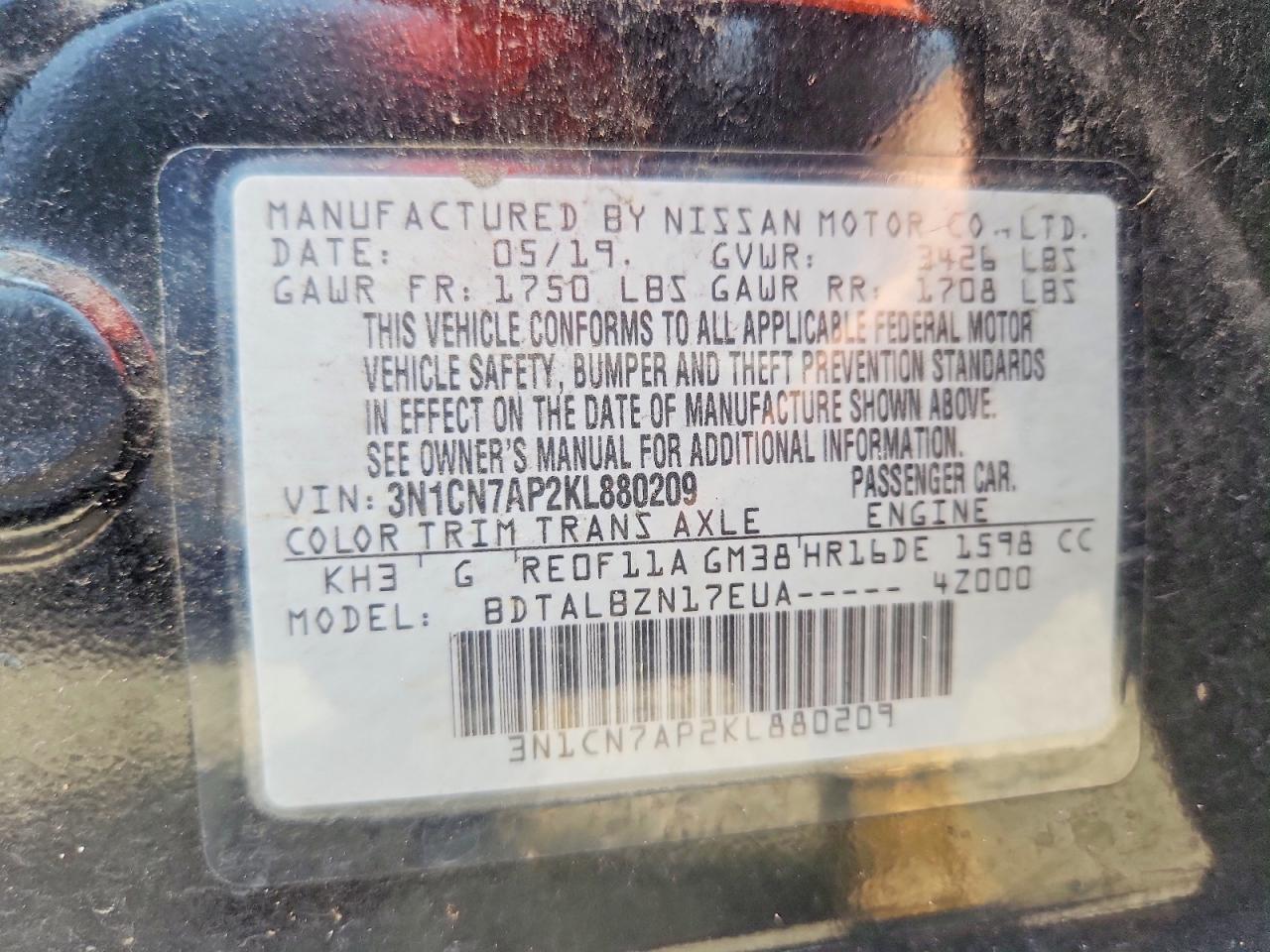 2019 Nissan Versa Sv Black vin: 3N1CN7AP2KL880209