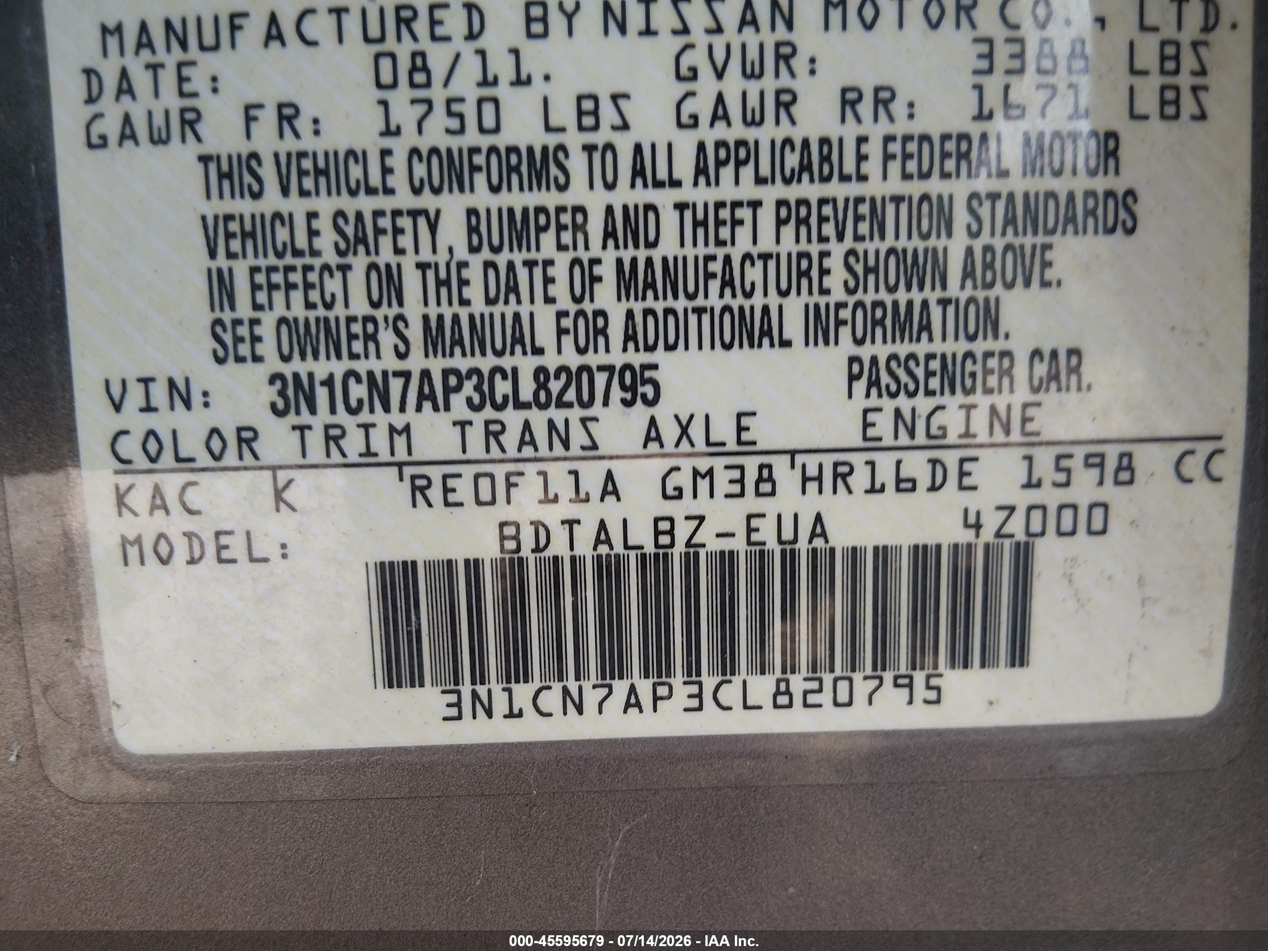 2012 Nissan Versa 1.6 Sv Gray vin: 3N1CN7AP3CL820795