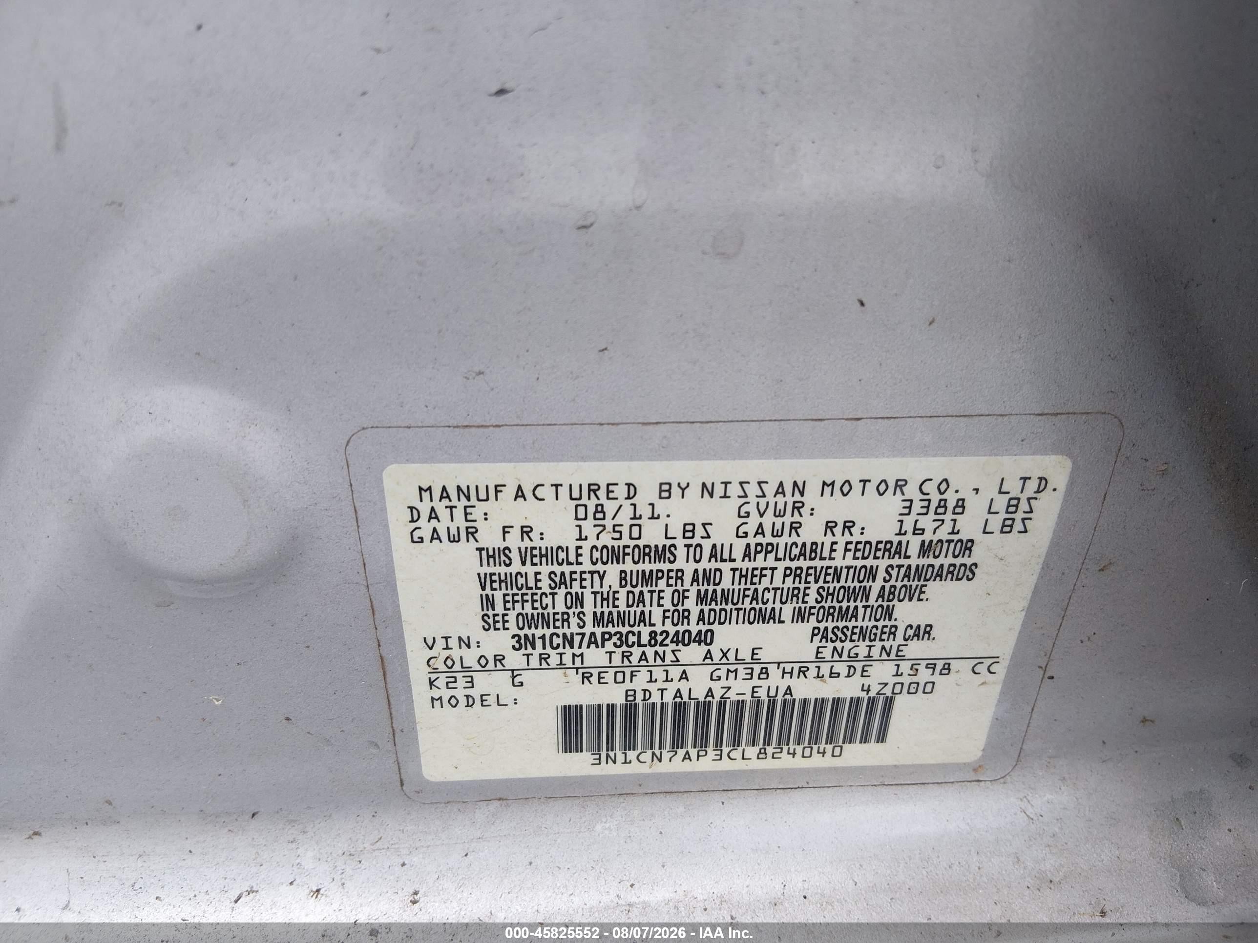 2012 Nissan Versa 1.6 S Silver vin: 3N1CN7AP3CL824040