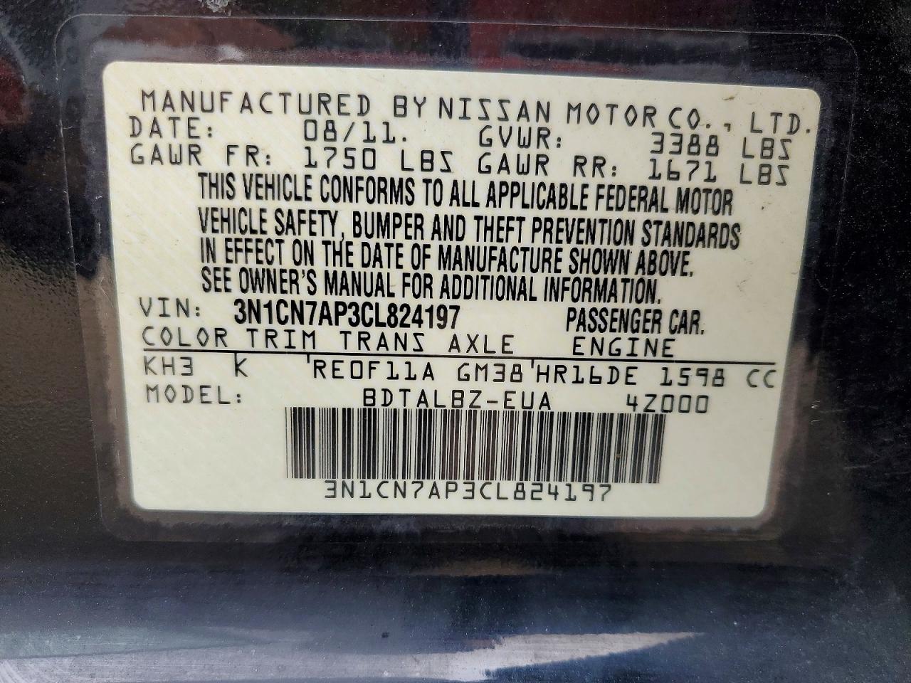 2012 Nissan Versa S Black vin: 3N1CN7AP3CL824197