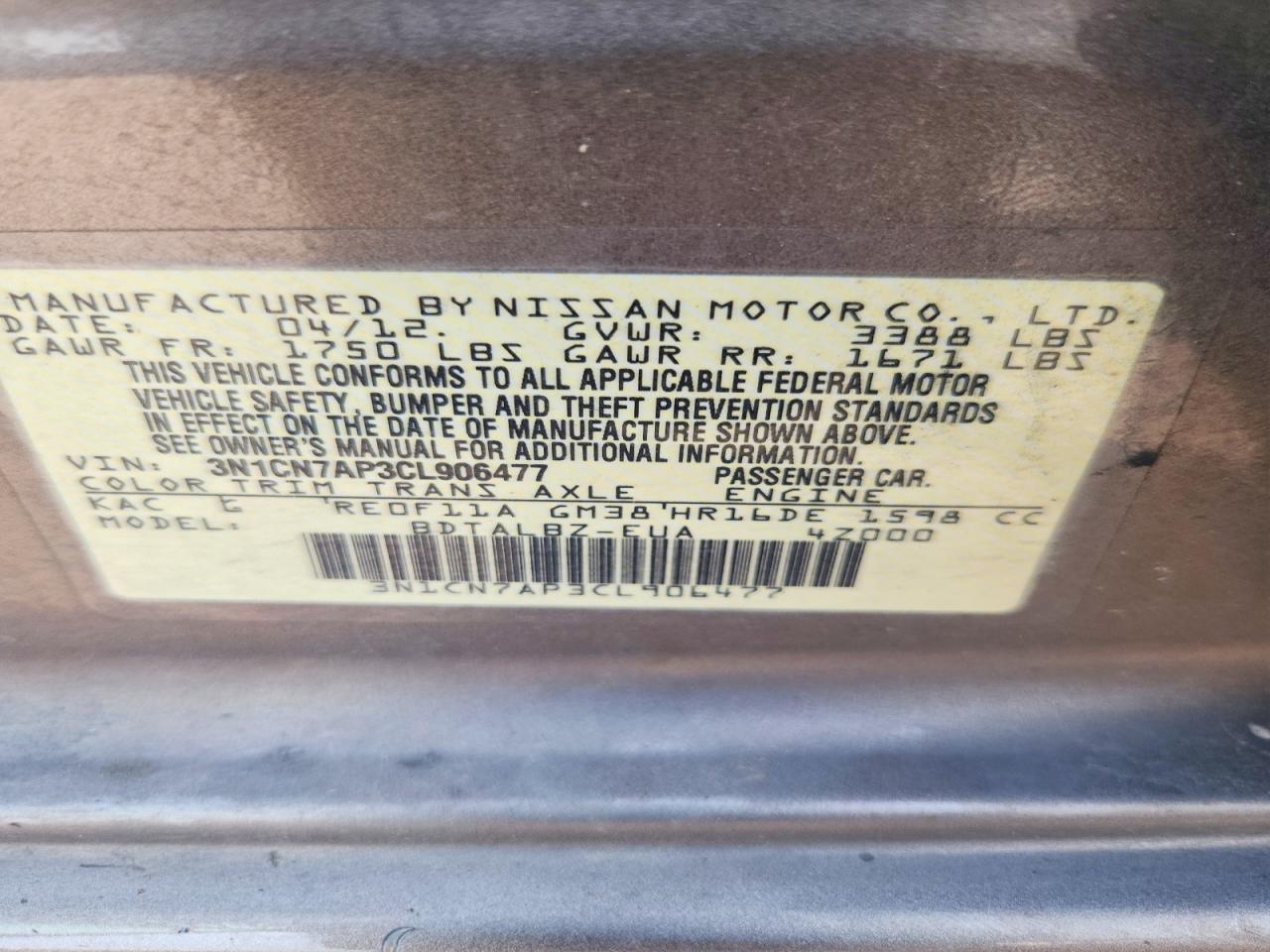 2012 Nissan Versa 1.6 S Gray vin: 3N1CN7AP3CL906477
