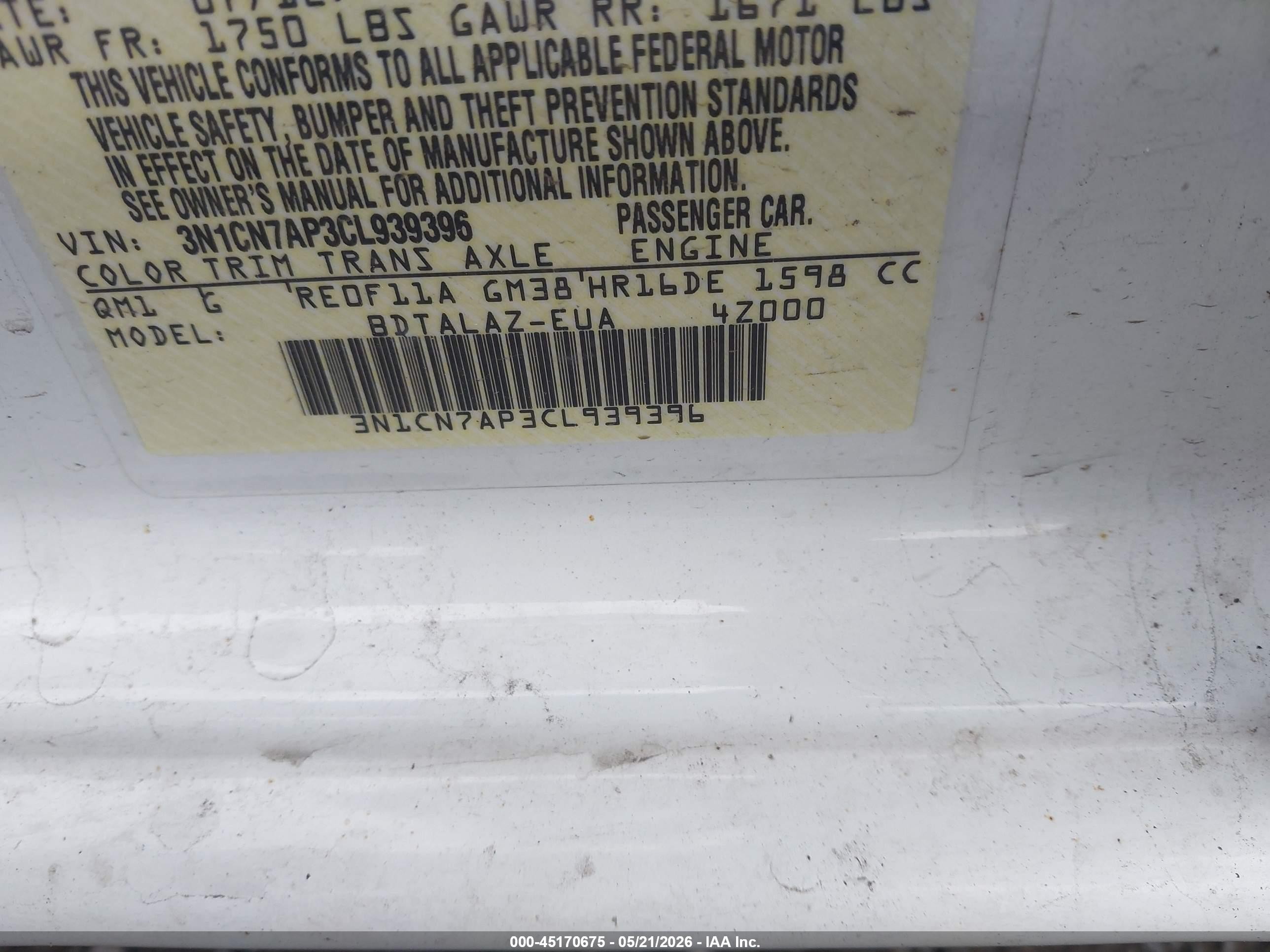 2012 Nissan Versa 1.6 S White vin: 3N1CN7AP3CL939396