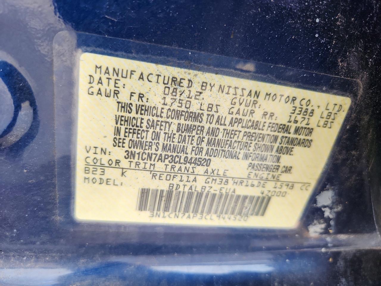 2012 Nissan Versa Blue vin: 3N1CN7AP3CL944520