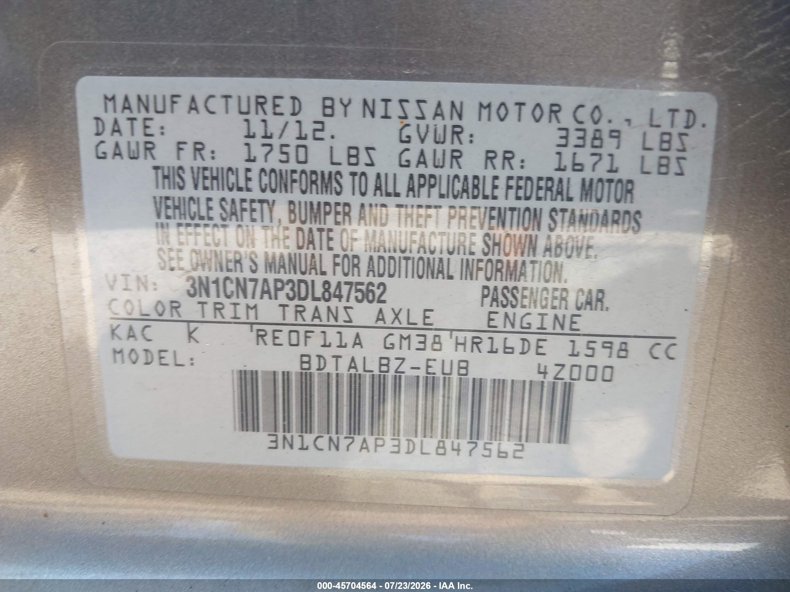 2013 Nissan Versa 1.6 Sv Gray vin: 3N1CN7AP3DL847562
