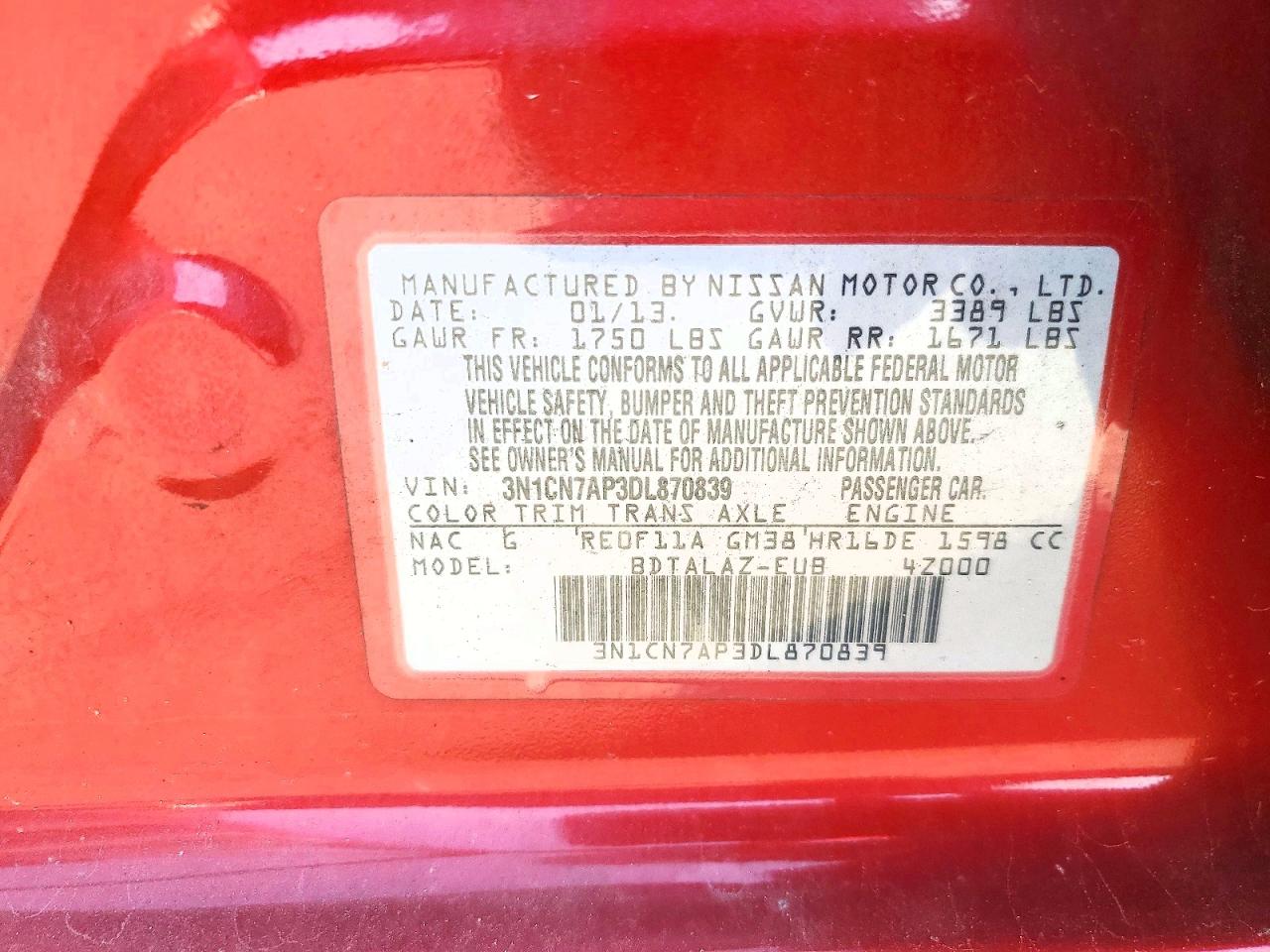 2013 Nissan Versa 1.6 S Red vin: 3N1CN7AP3DL870839
