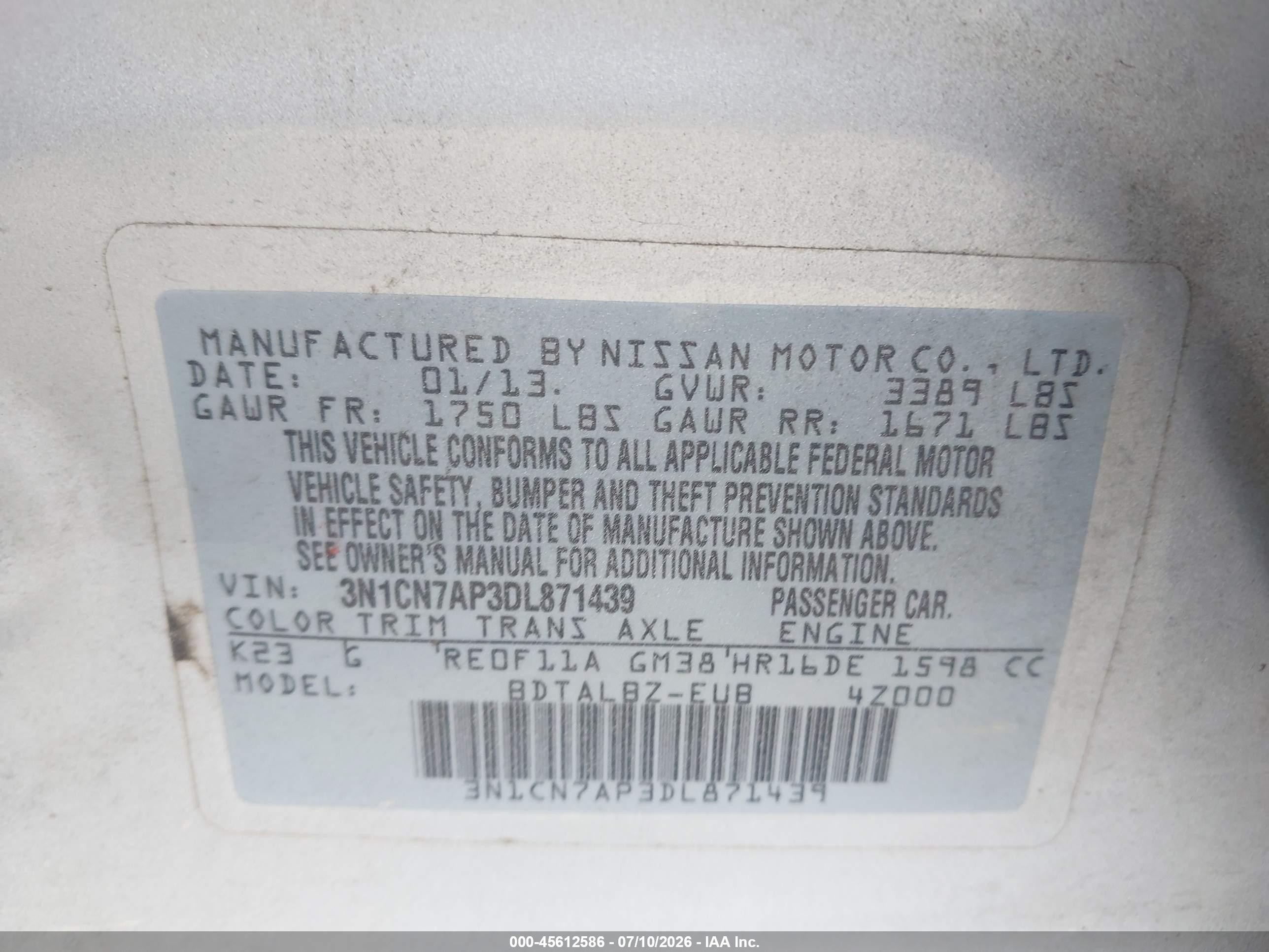 2013 Nissan Versa 1.6 Sv Silver vin: 3N1CN7AP3DL871439