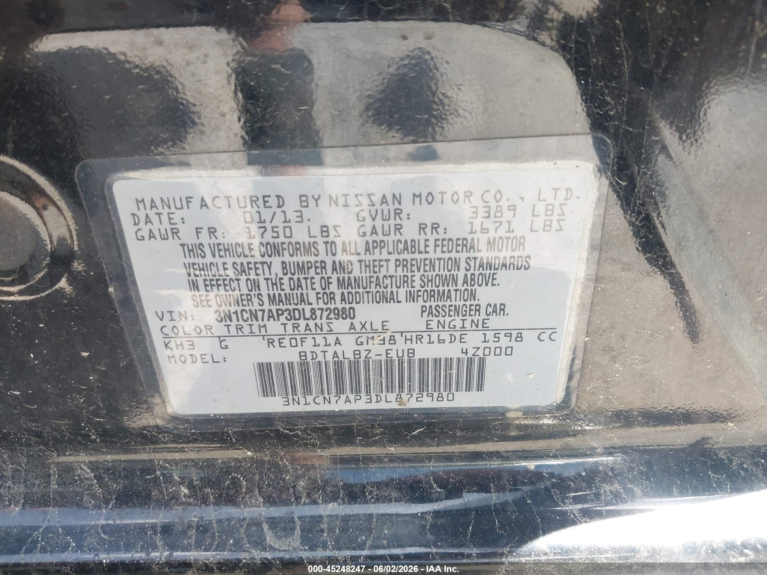 2013 Nissan Versa 1.6 Sv Black vin: 3N1CN7AP3DL872980
