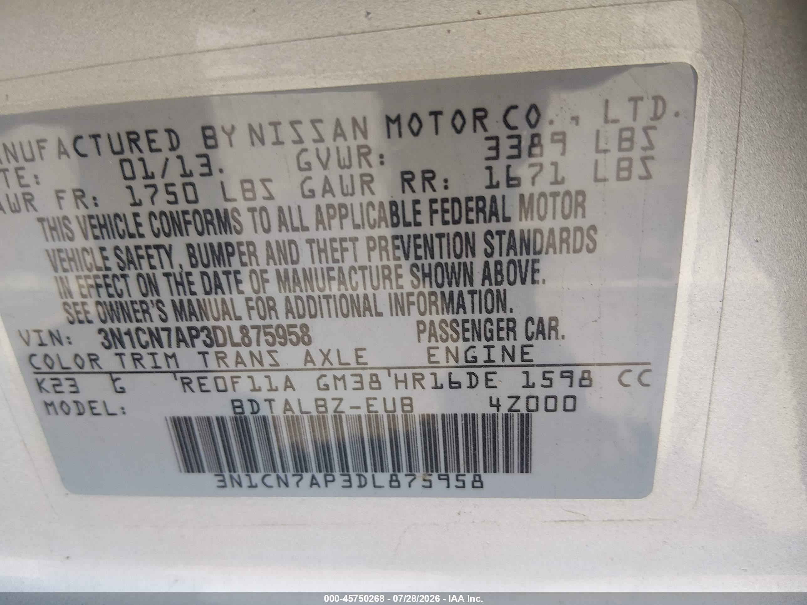 2013 Nissan Versa 1.6 Sv Silver vin: 3N1CN7AP3DL875958