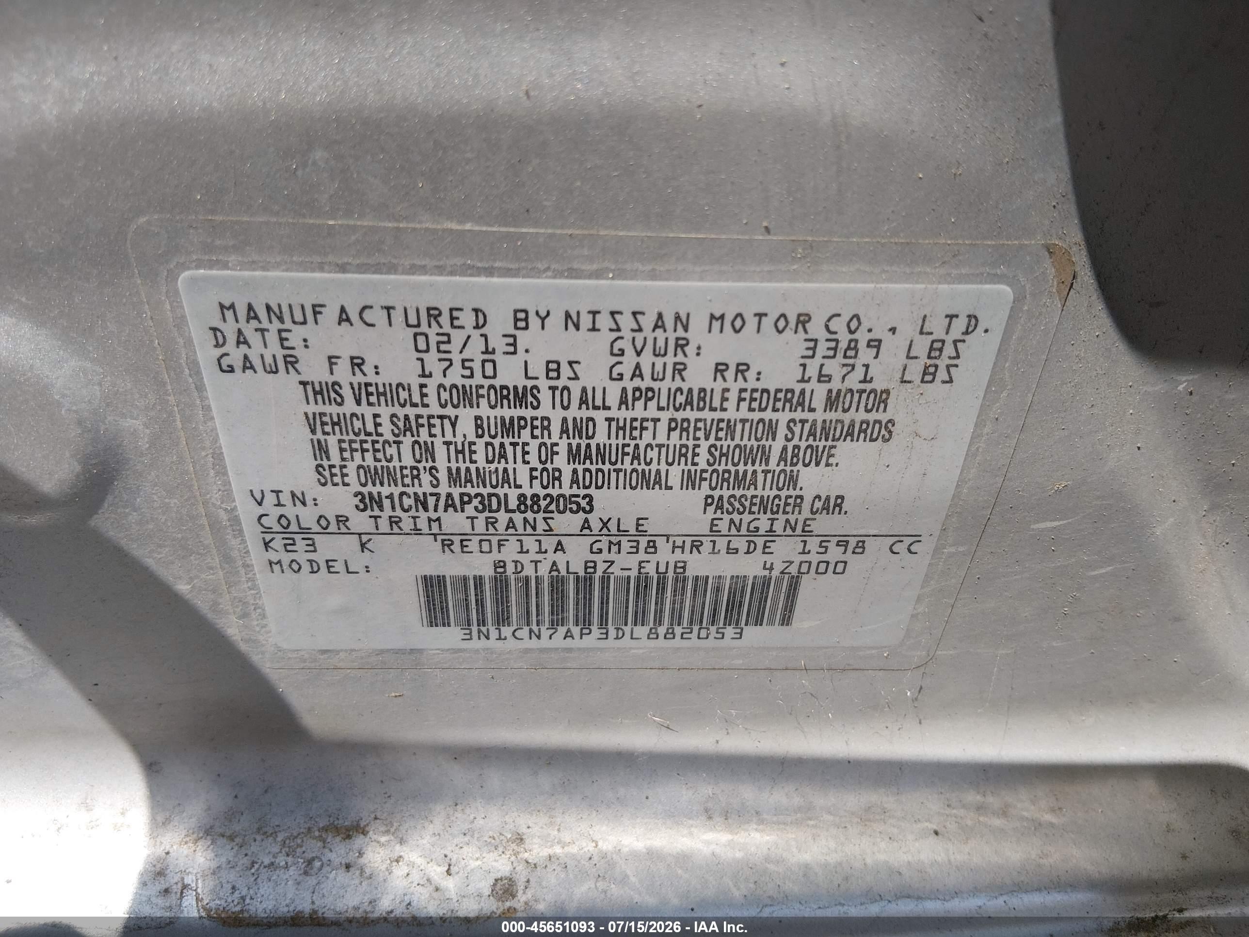 2013 Nissan Versa 1.6 Sv Silver vin: 3N1CN7AP3DL882053