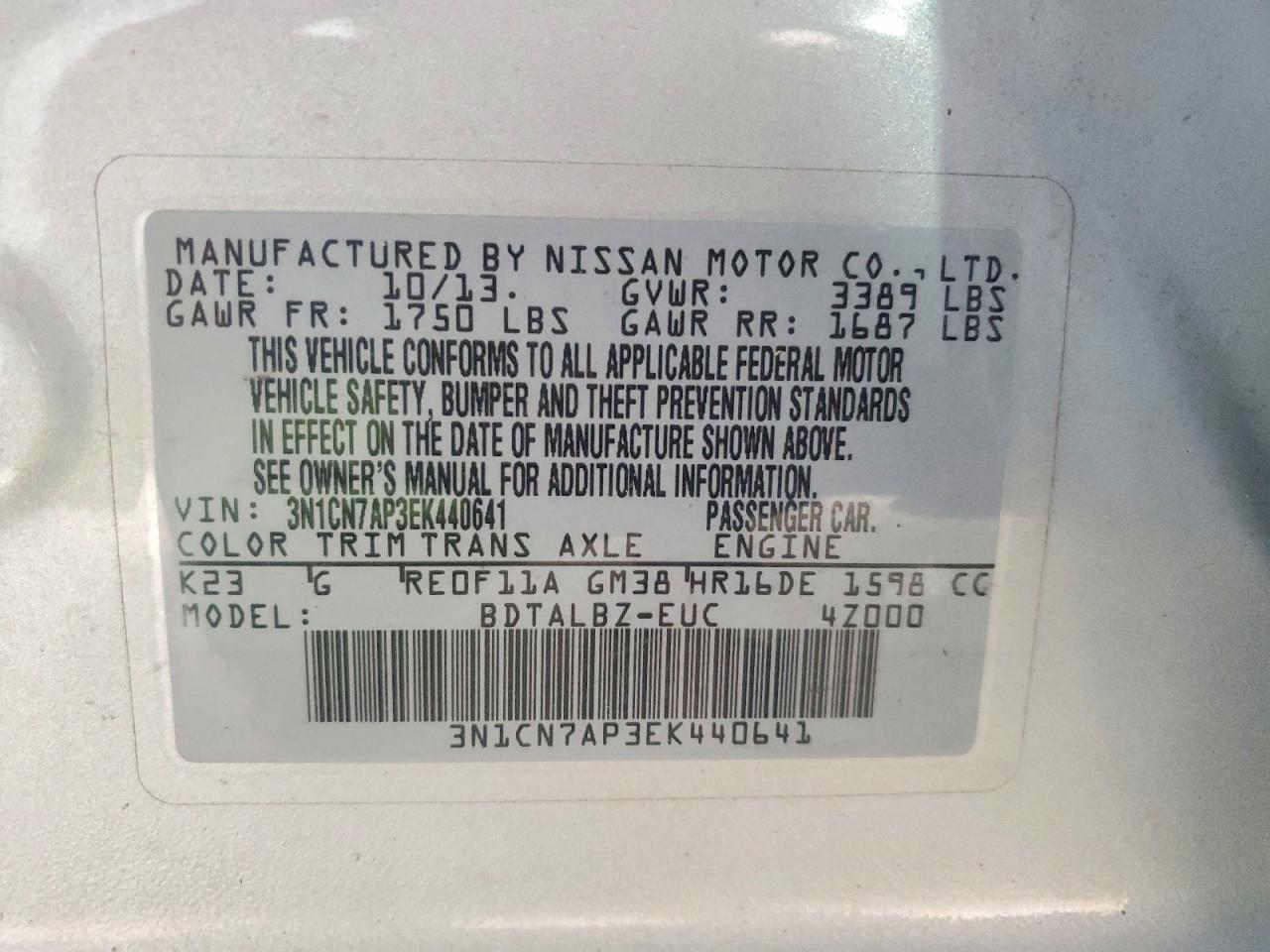 2014 Nissan Versa 1.6 Sv Silver vin: 3N1CN7AP3EK440641