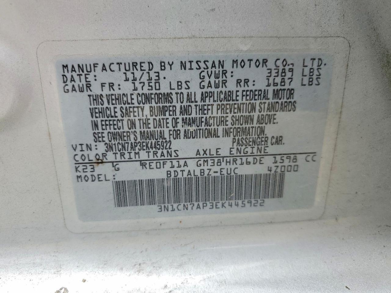 2014 Nissan Versa 1.6 Sv Silver vin: 3N1CN7AP3EK445922