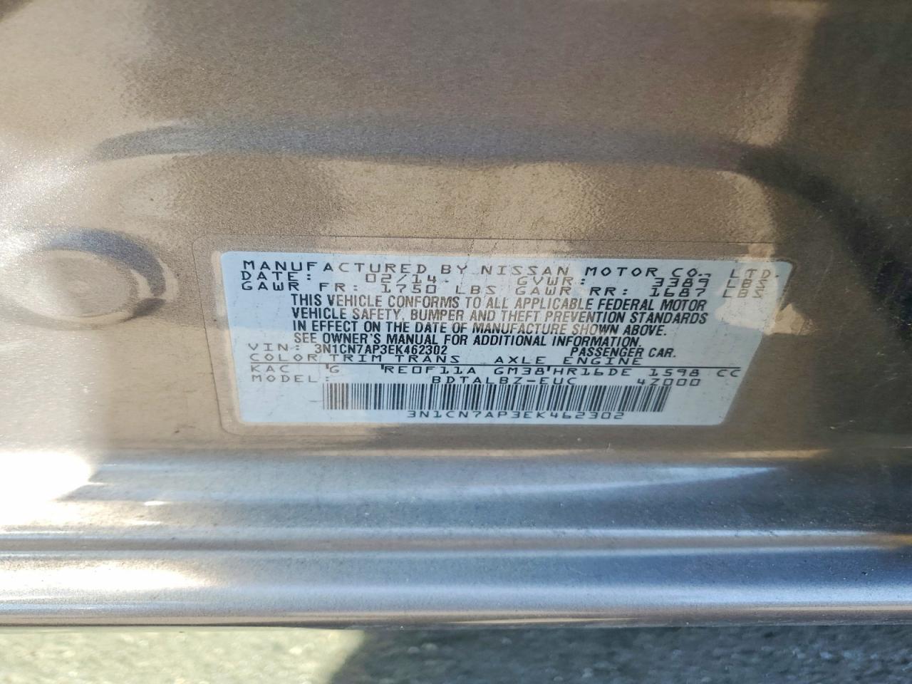2014 Nissan Versa 1.6 Sv Gray vin: 3N1CN7AP3EK462302