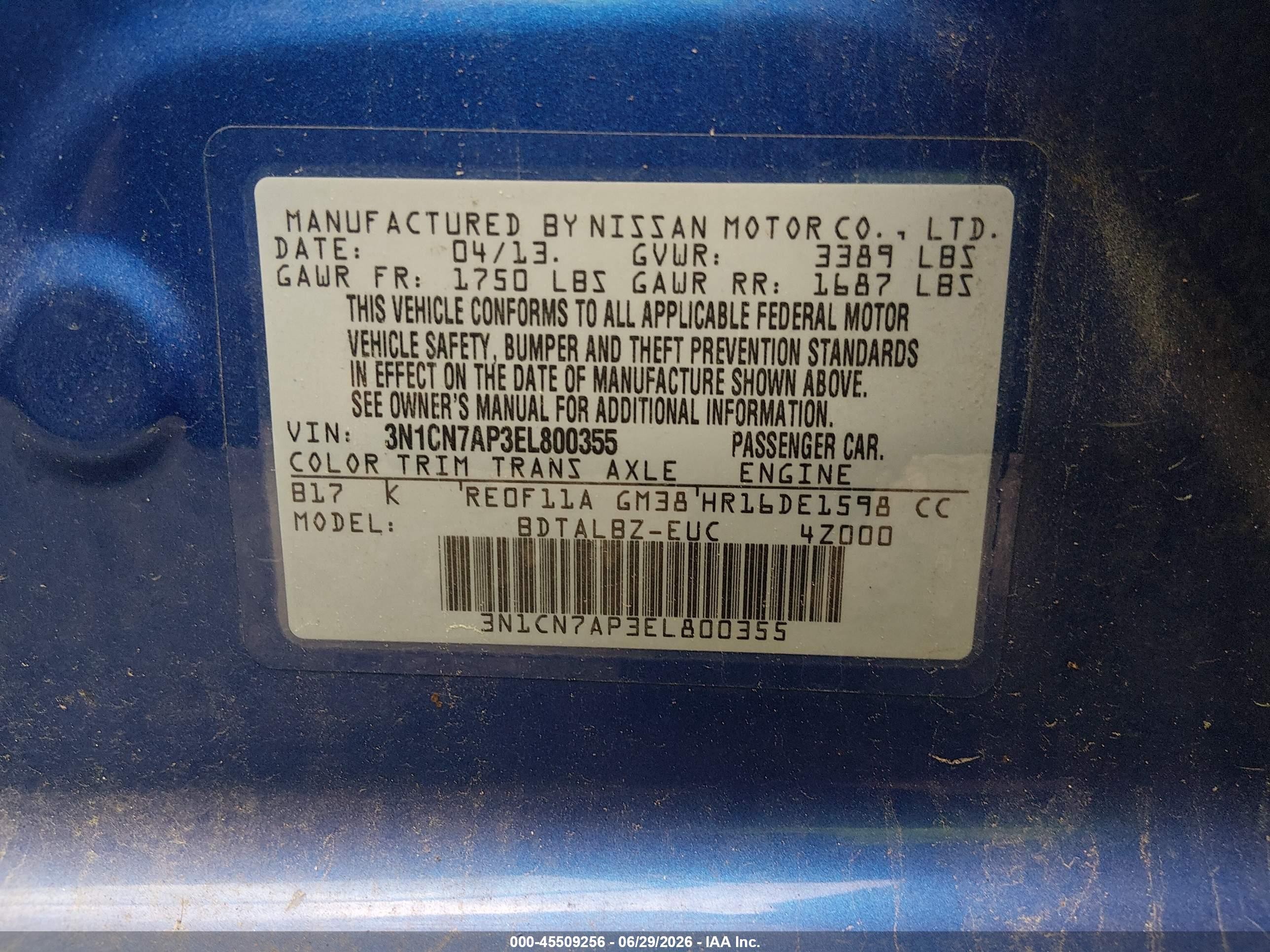 2014 Nissan Versa 1.6 Sv Blue vin: 3N1CN7AP3EL800355