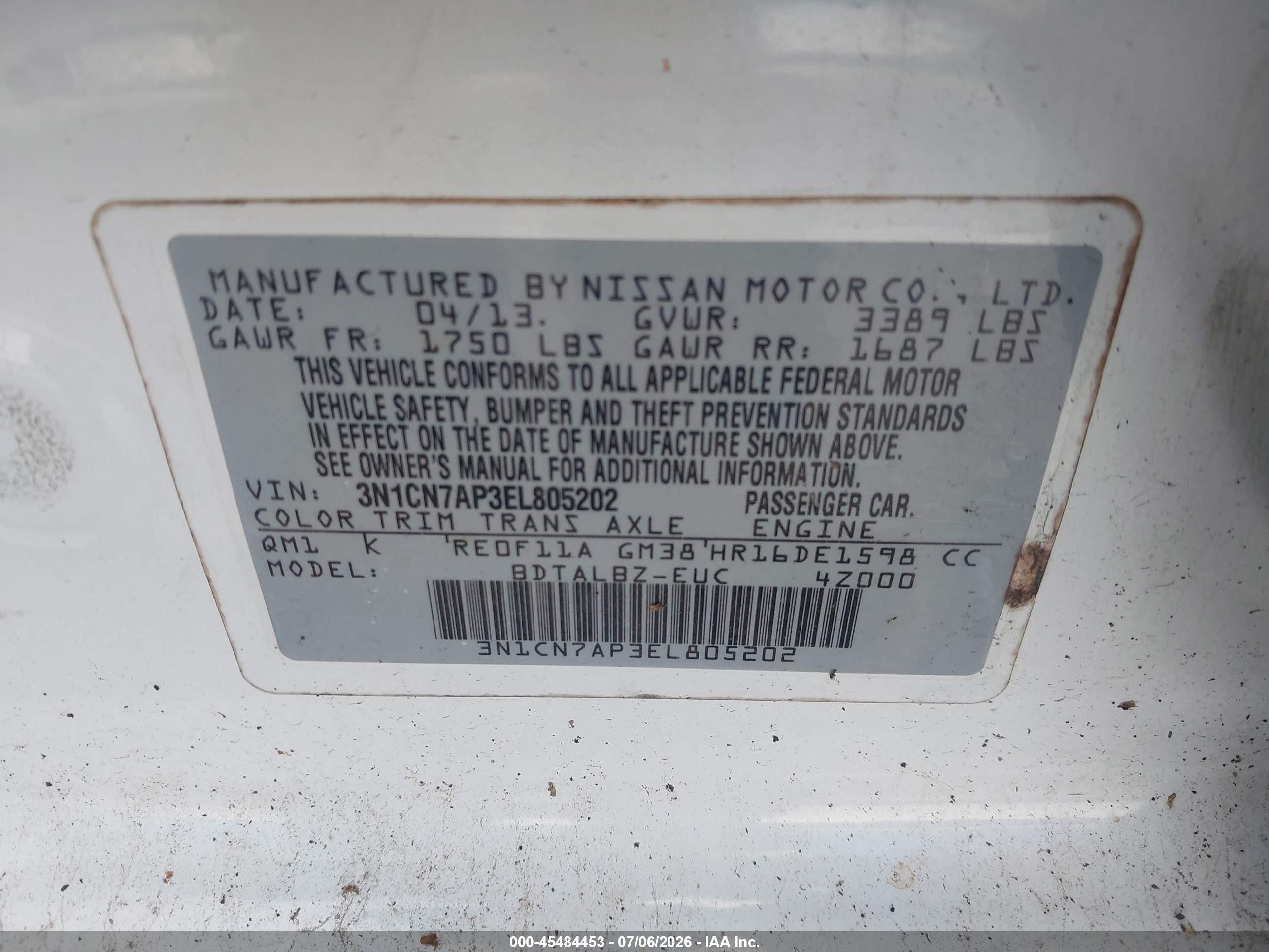 2014 Nissan Versa 1.6 Sv White vin: 3N1CN7AP3EL805202