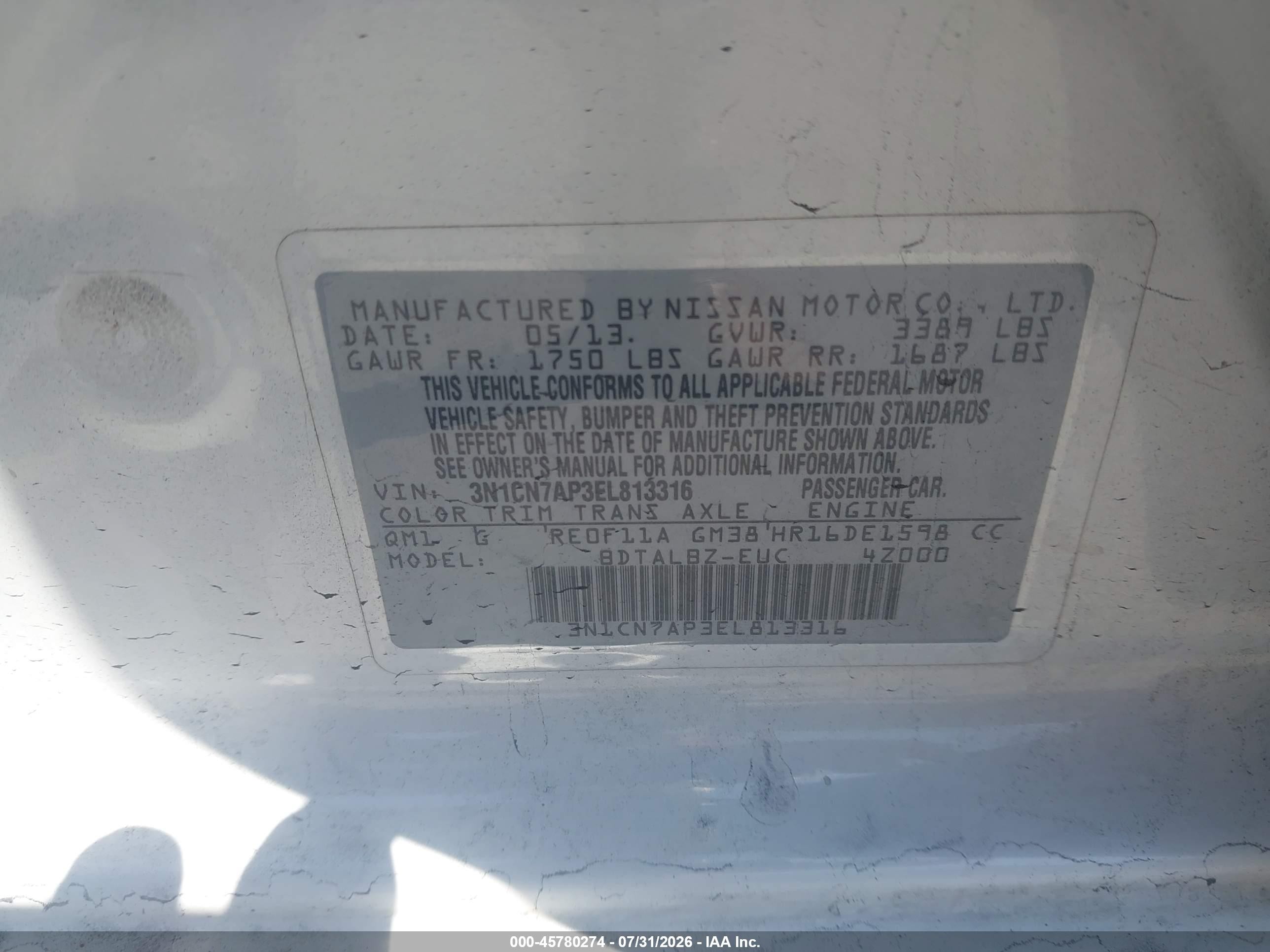 2014 Nissan Versa 1.6 Sv White vin: 3N1CN7AP3EL813316