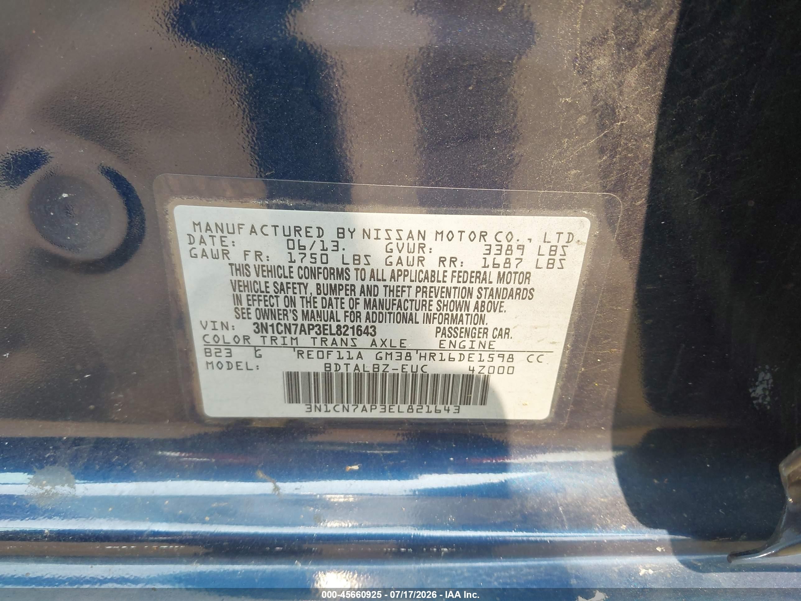 2014 Nissan Versa 1.6 Sv Blue vin: 3N1CN7AP3EL821643