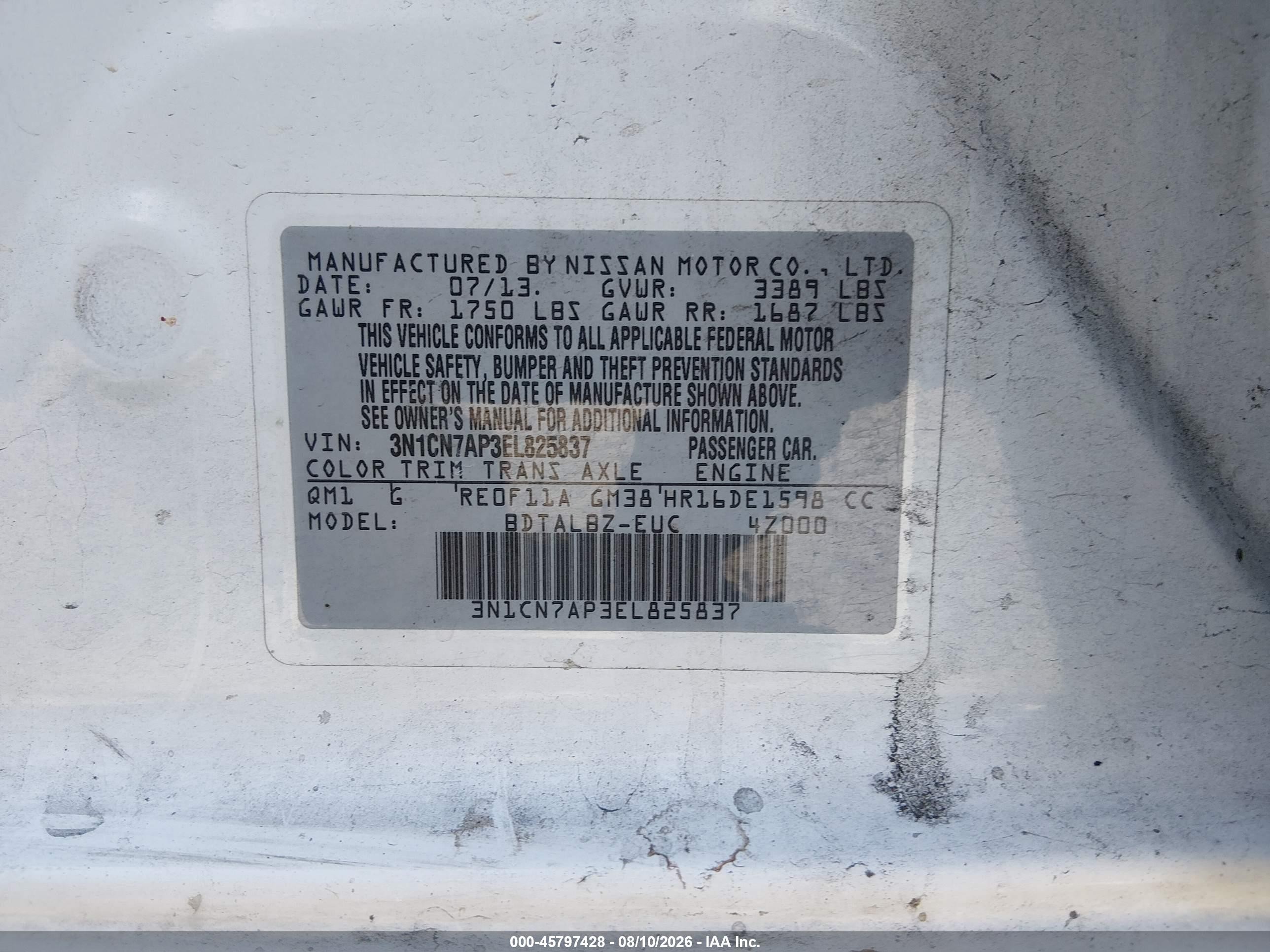 2014 Nissan Versa 1.6 Sv Белый vin: 3N1CN7AP3EL825837