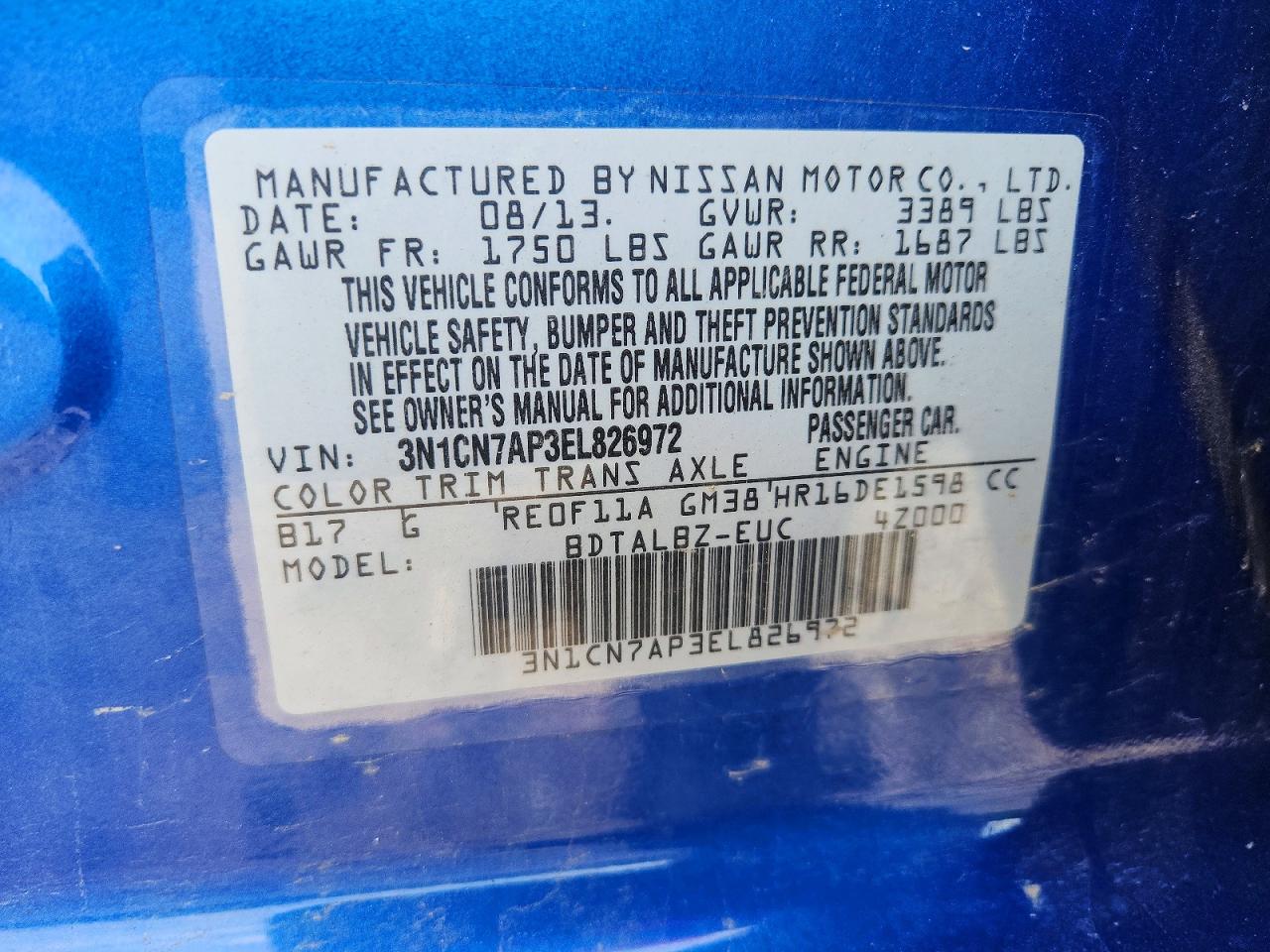 2014 Nissan Versa 1.6 S Blue vin: 3N1CN7AP3EL826972