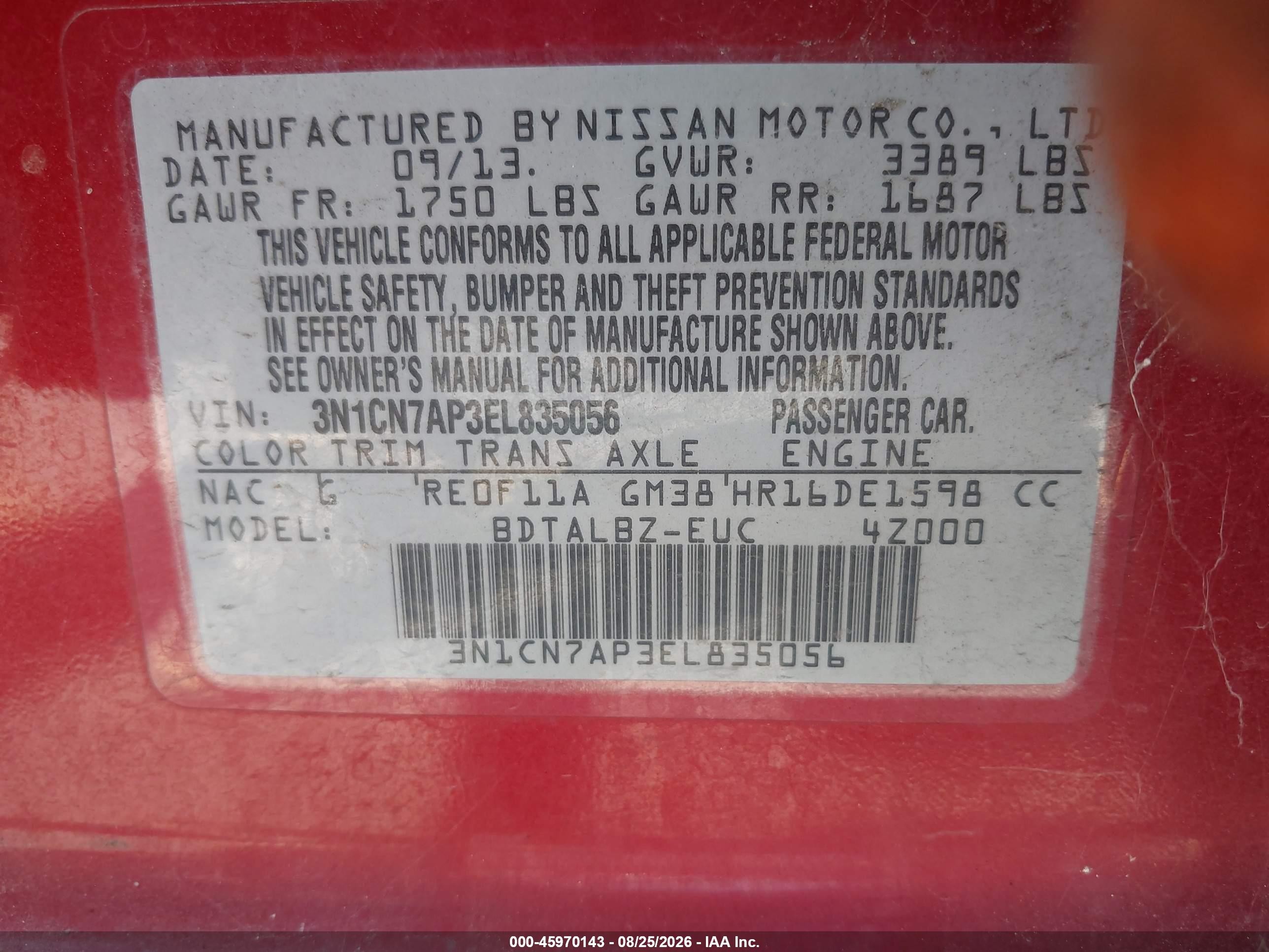 2014 Nissan Versa 1.6 Sv Red vin: 3N1CN7AP3EL835056