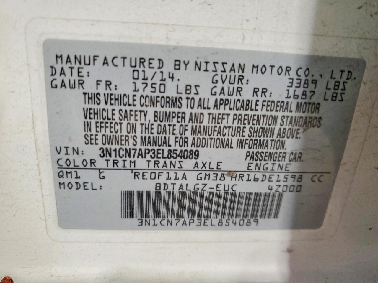 2014 Nissan Versa 1.6 Sl White vin: 3N1CN7AP3EL854089