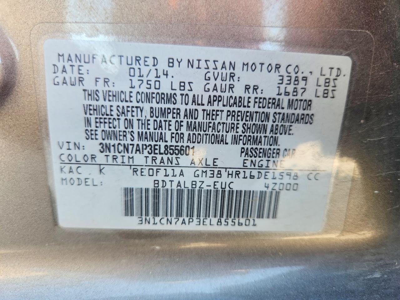 2014 Nissan Versa 1.6 Sv Gray vin: 3N1CN7AP3EL855601