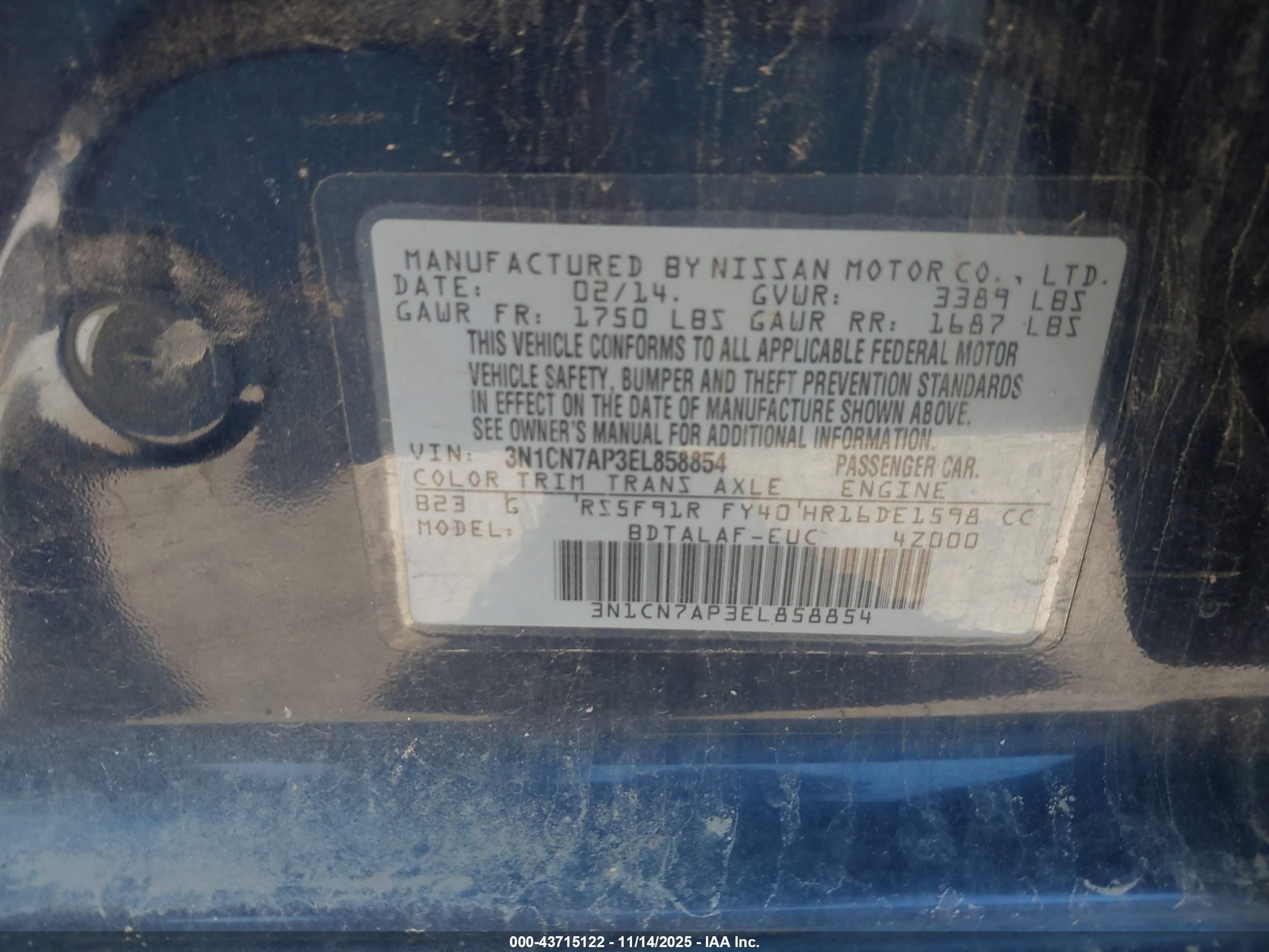 2014 Nissan Versa 1.6 S Blue vin: 3N1CN7AP3EL858854