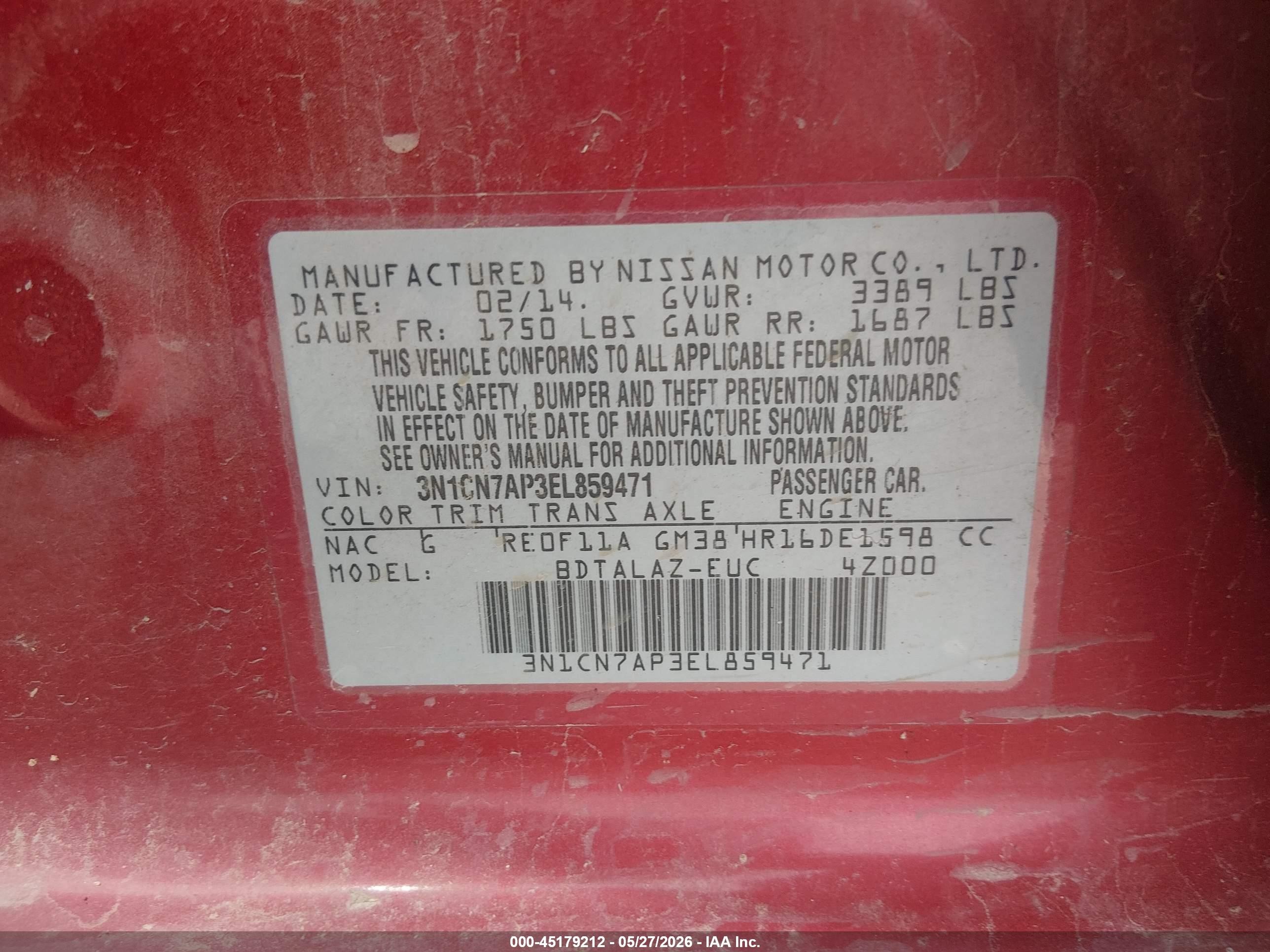 2014 Nissan Versa 1.6 S+ Red vin: 3N1CN7AP3EL859471