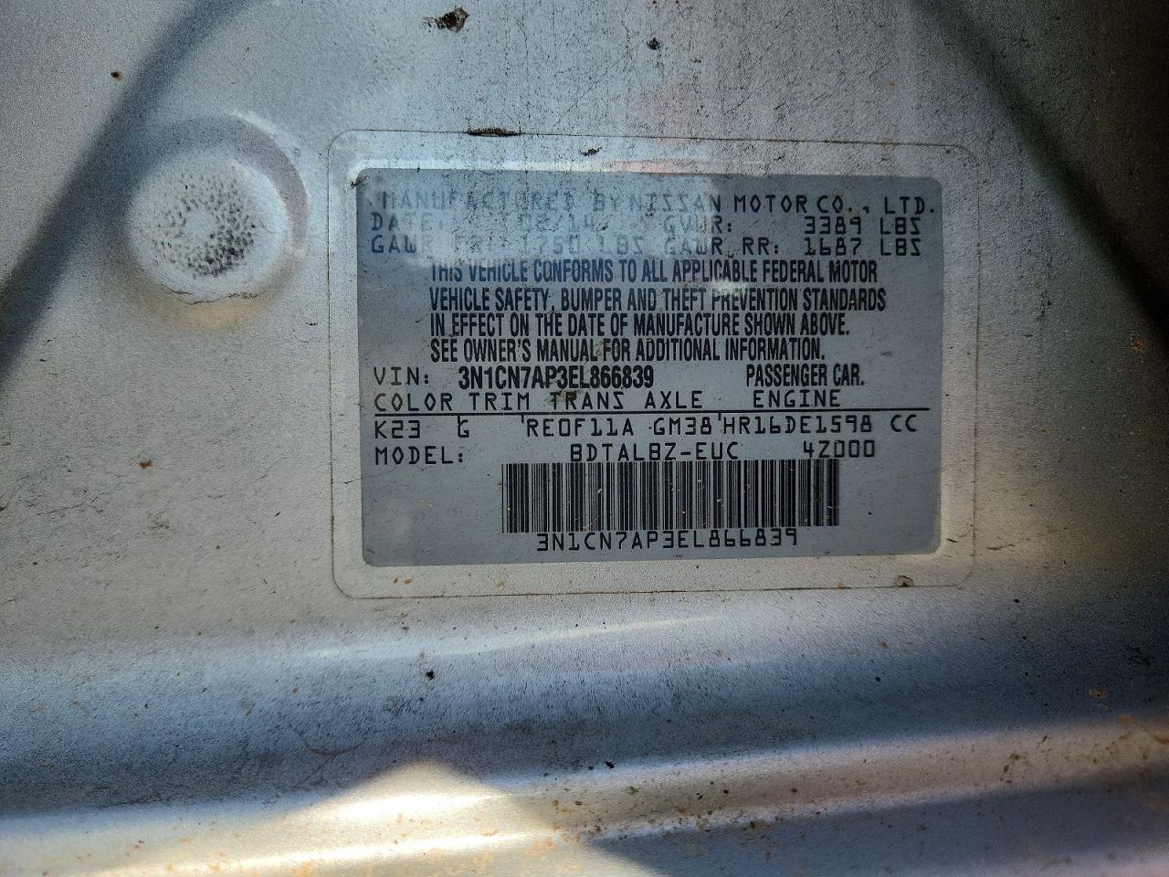 2014 Nissan Versa 1.6 Sv Silver vin: 3N1CN7AP3EL866839