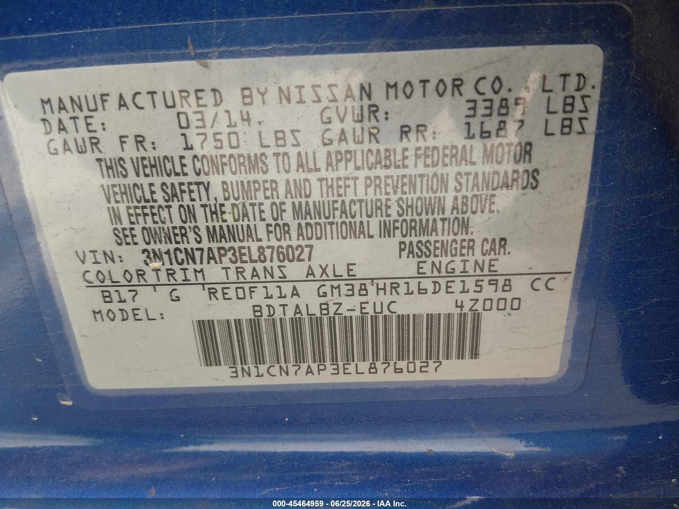 2014 Nissan Versa 1.6 S/1.6 S+/1.6 Sl/1.6 Sv/s Blue vin: 3N1CN7AP3EL876027