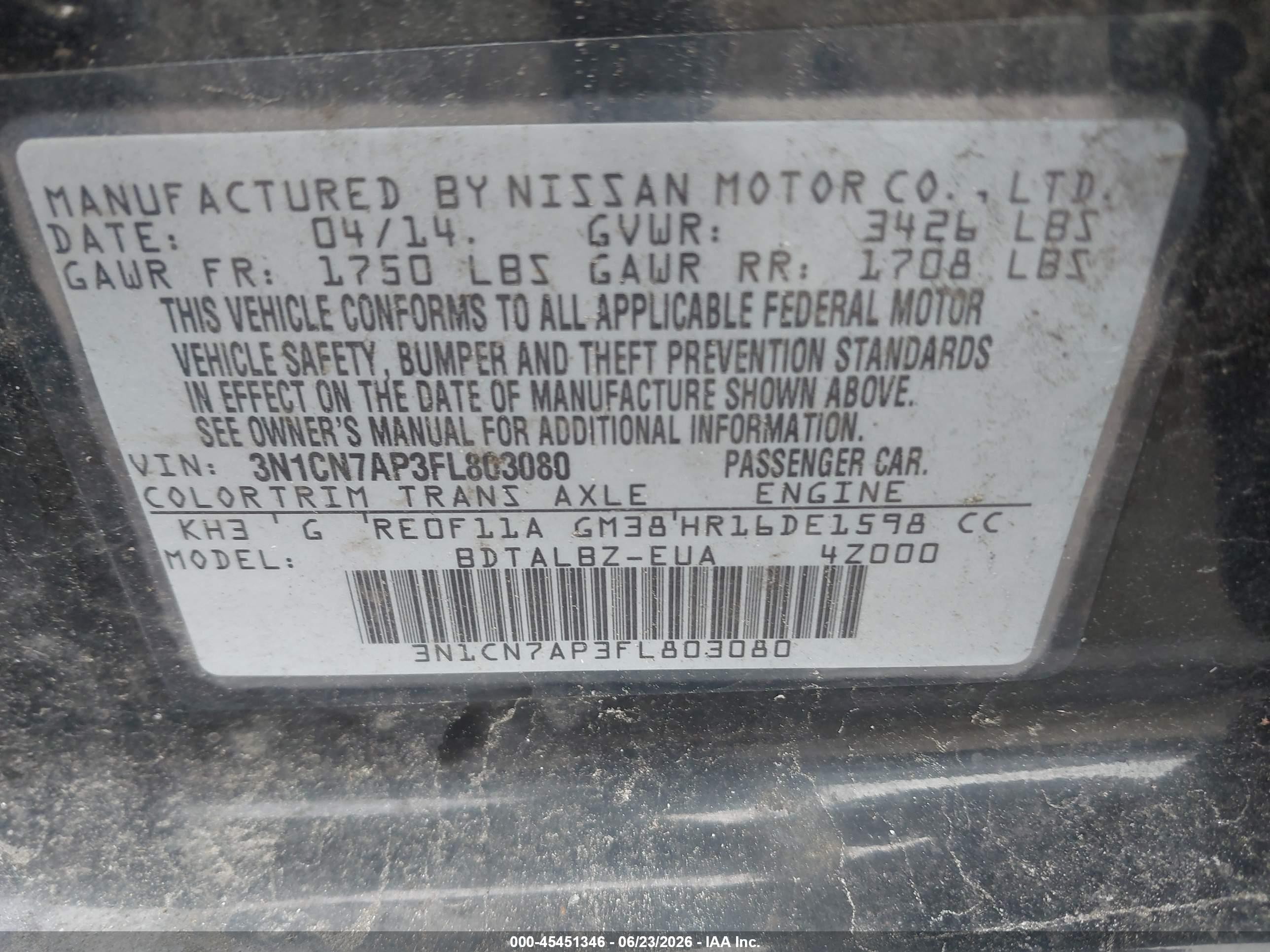 2015 Nissan Versa 1.6 Sv Черный vin: 3N1CN7AP3FL803080