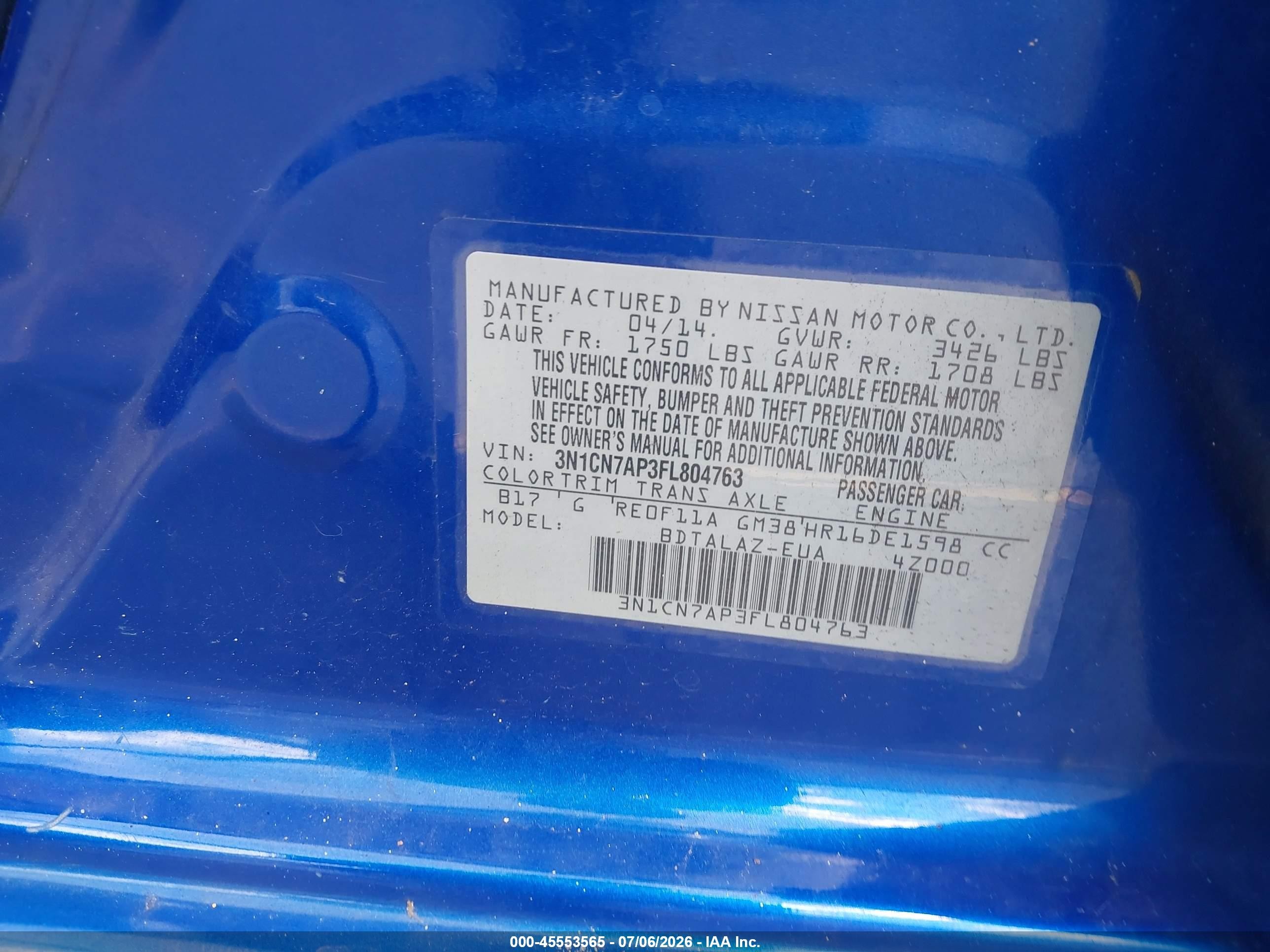 2015 Nissan Versa 1.6 S+ Blue vin: 3N1CN7AP3FL804763
