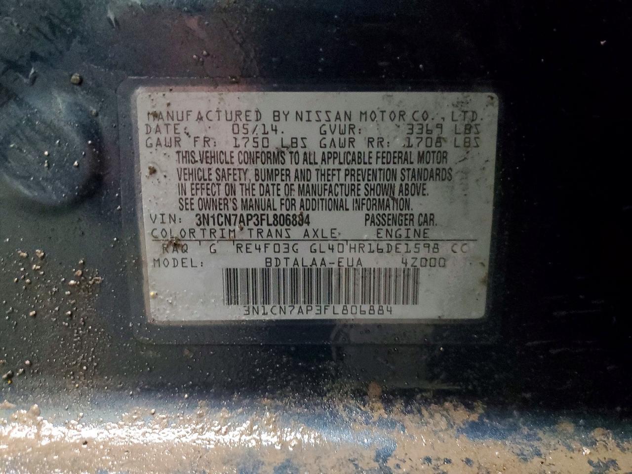 2015 Nissan Versa 1.6 S Blue vin: 3N1CN7AP3FL806884