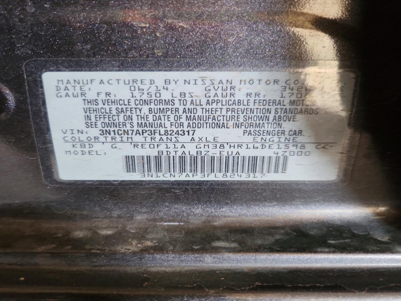 2015 Nissan Versa 1.6 Sv Gray vin: 3N1CN7AP3FL824317