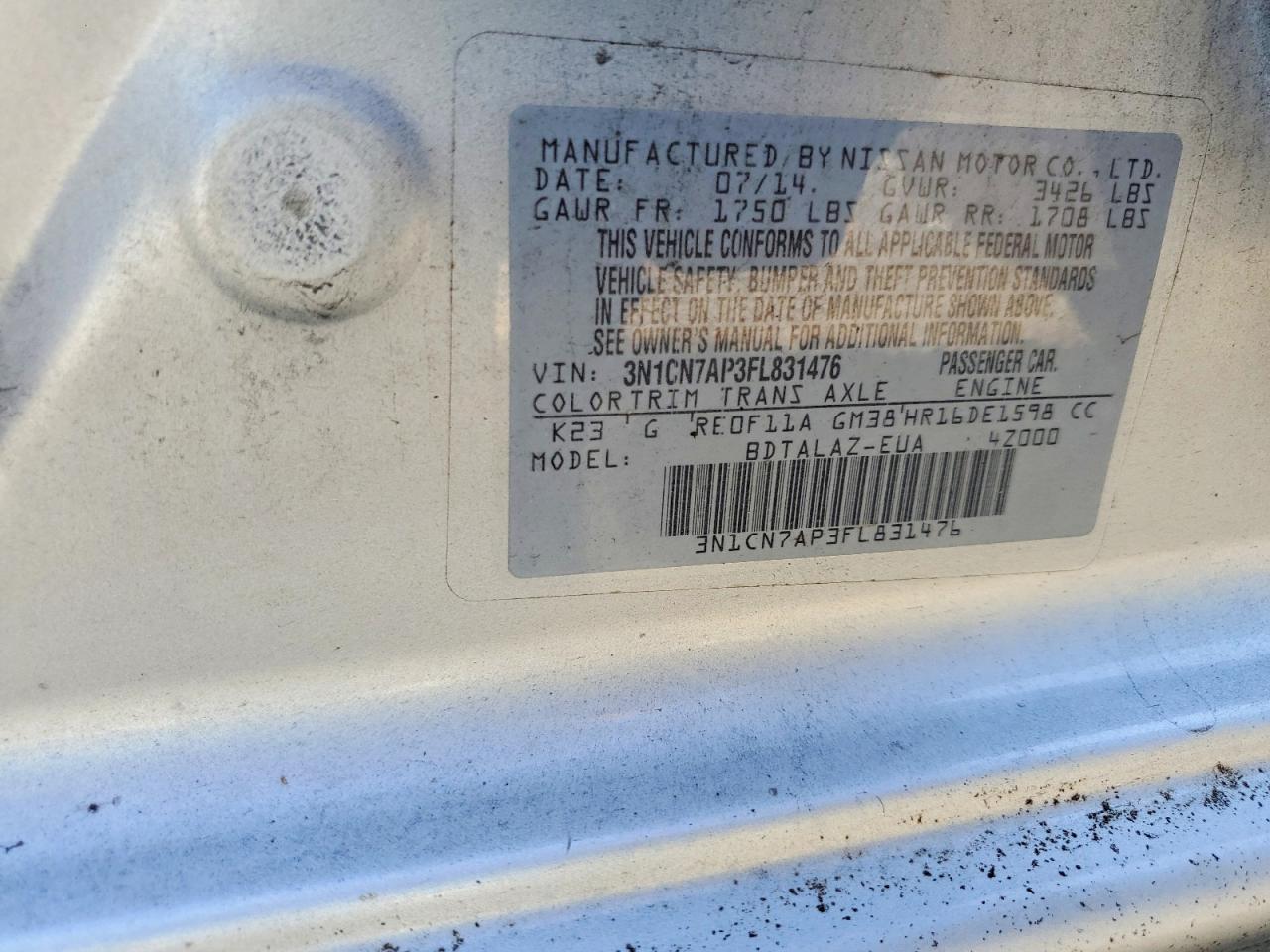 2015 Nissan Versa 1.6 S Plus Silver vin: 3N1CN7AP3FL831476