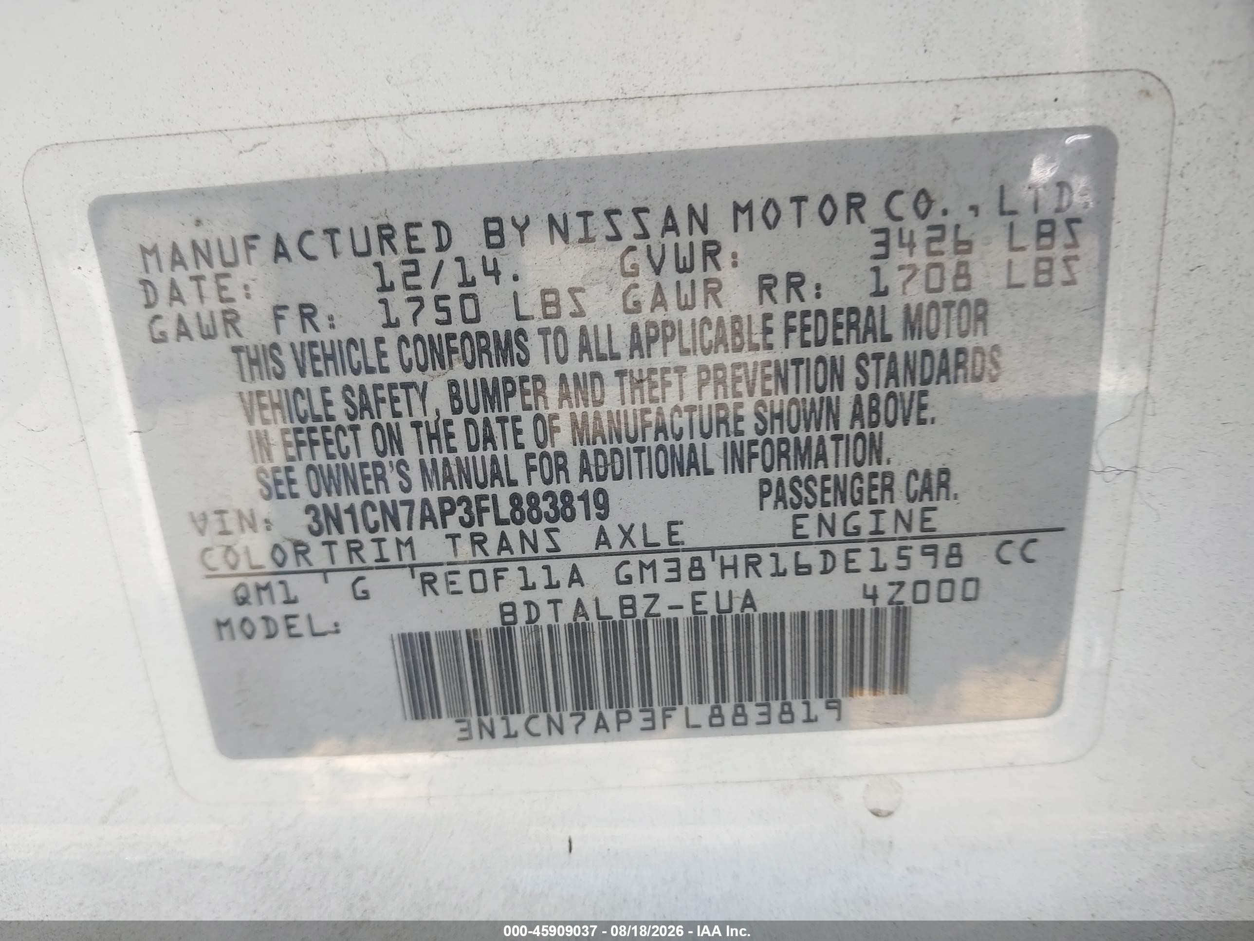 2015 Nissan Versa 1.6 Sv Белый vin: 3N1CN7AP3FL883819