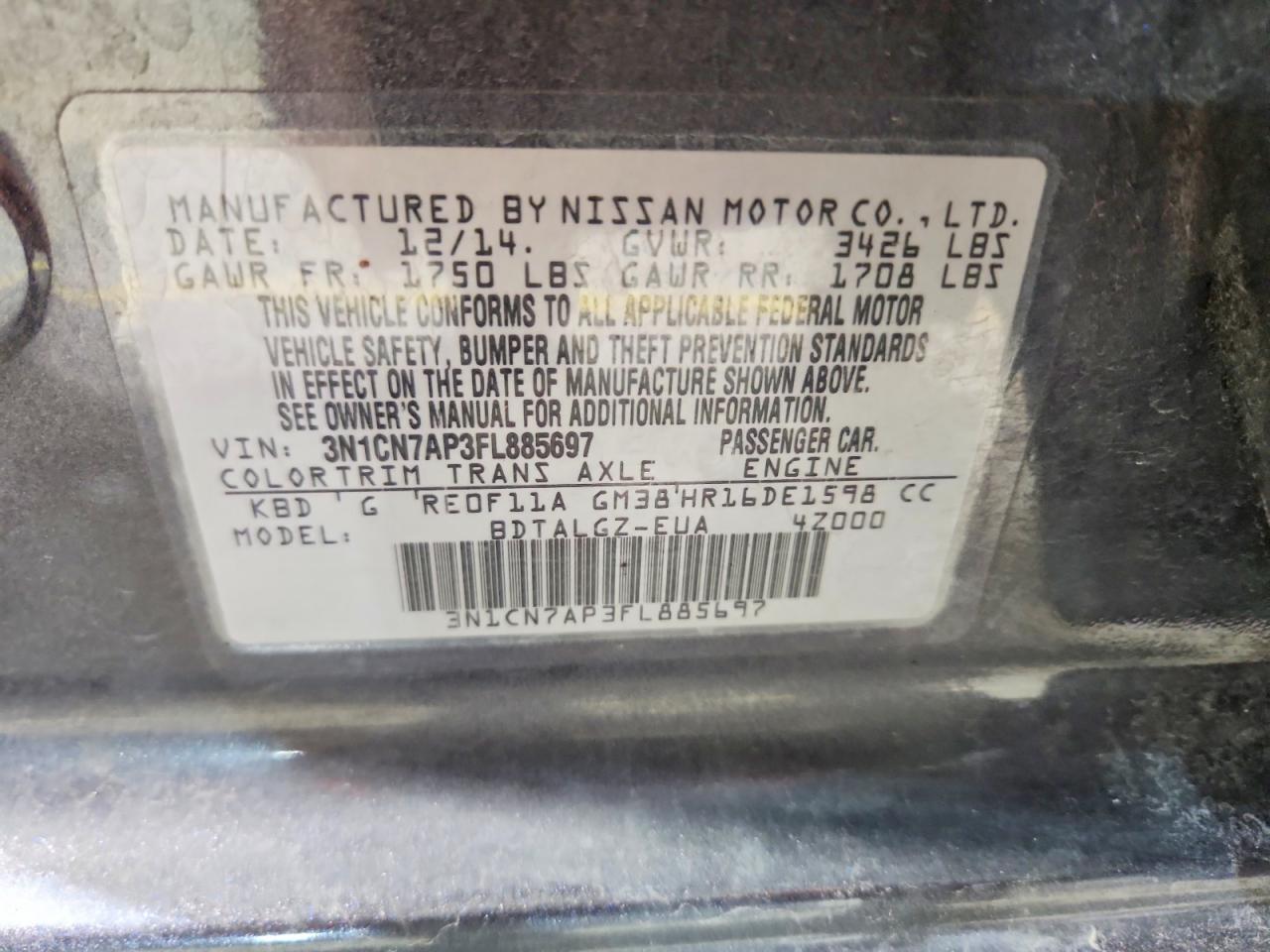 2015 Nissan Versa S Gray vin: 3N1CN7AP3FL885697