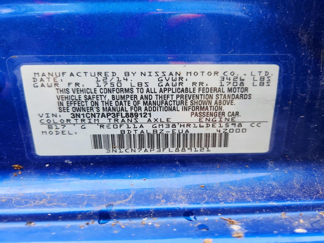 2015 Nissan Versa 1.6 Sv Blue vin: 3N1CN7AP3FL889121