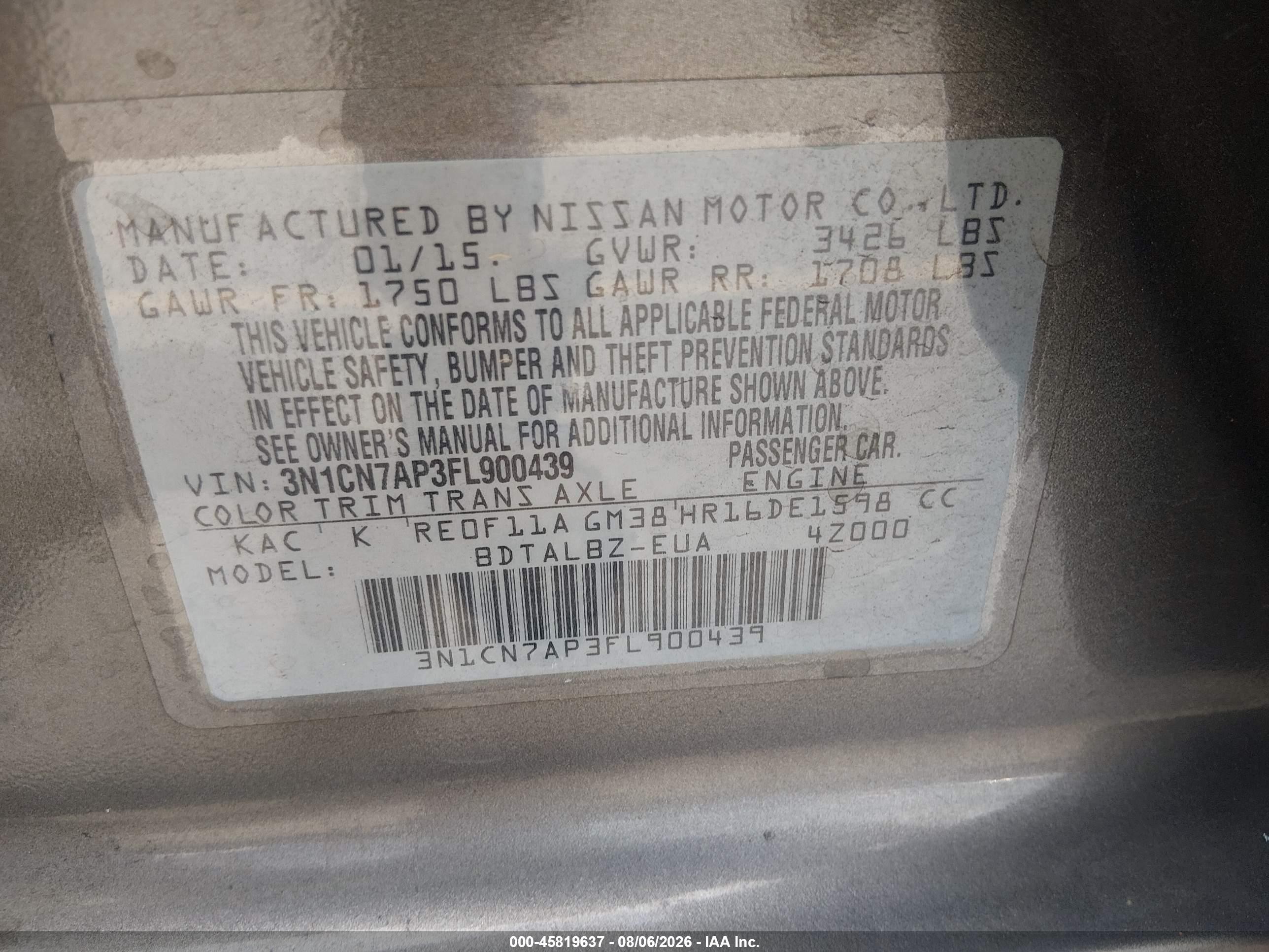 2015 Nissan Versa 1.6 Sv Brown vin: 3N1CN7AP3FL900439