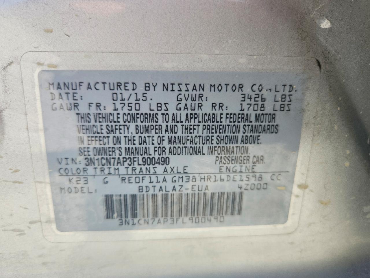 2015 Nissan Versa 1.6 S Plus Silver vin: 3N1CN7AP3FL900490