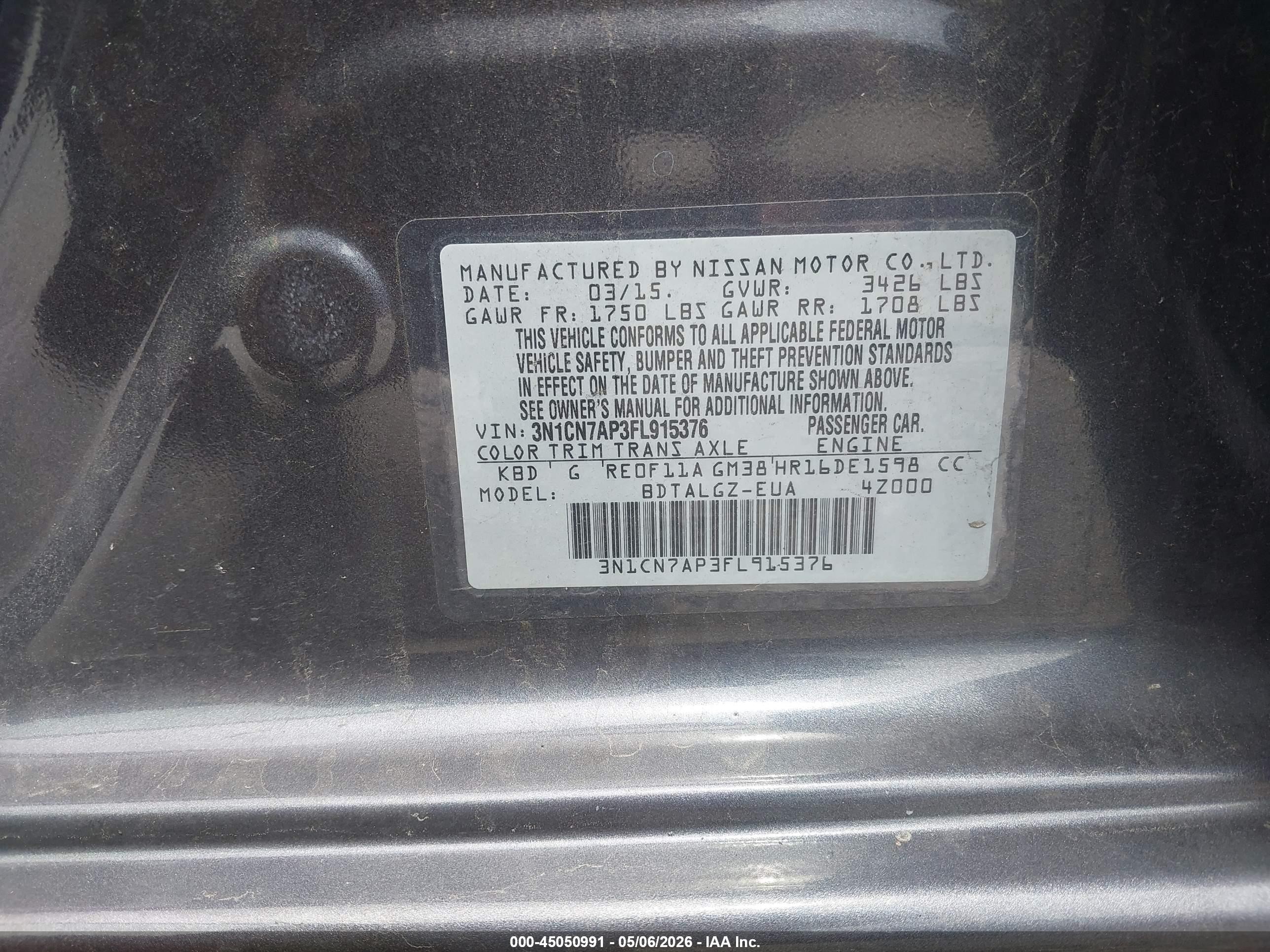 2015 Nissan Versa 1.6 Sl Серебряный vin: 3N1CN7AP3FL915376